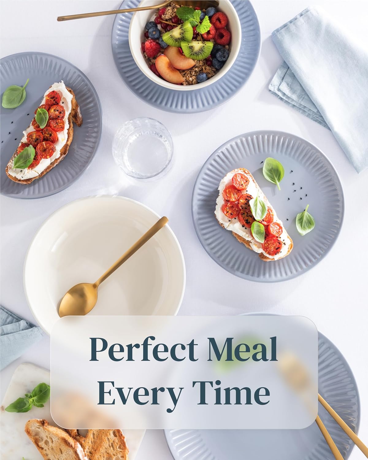 Stoneware Dinnerware Set for 8 People HYGGE 24-Piece - Elegant Scandi Design - Premium Dish Set - Bowl and Plate Set - Tableware for 8 People in a Ribbed Design - Pure Living in Gray-Blue