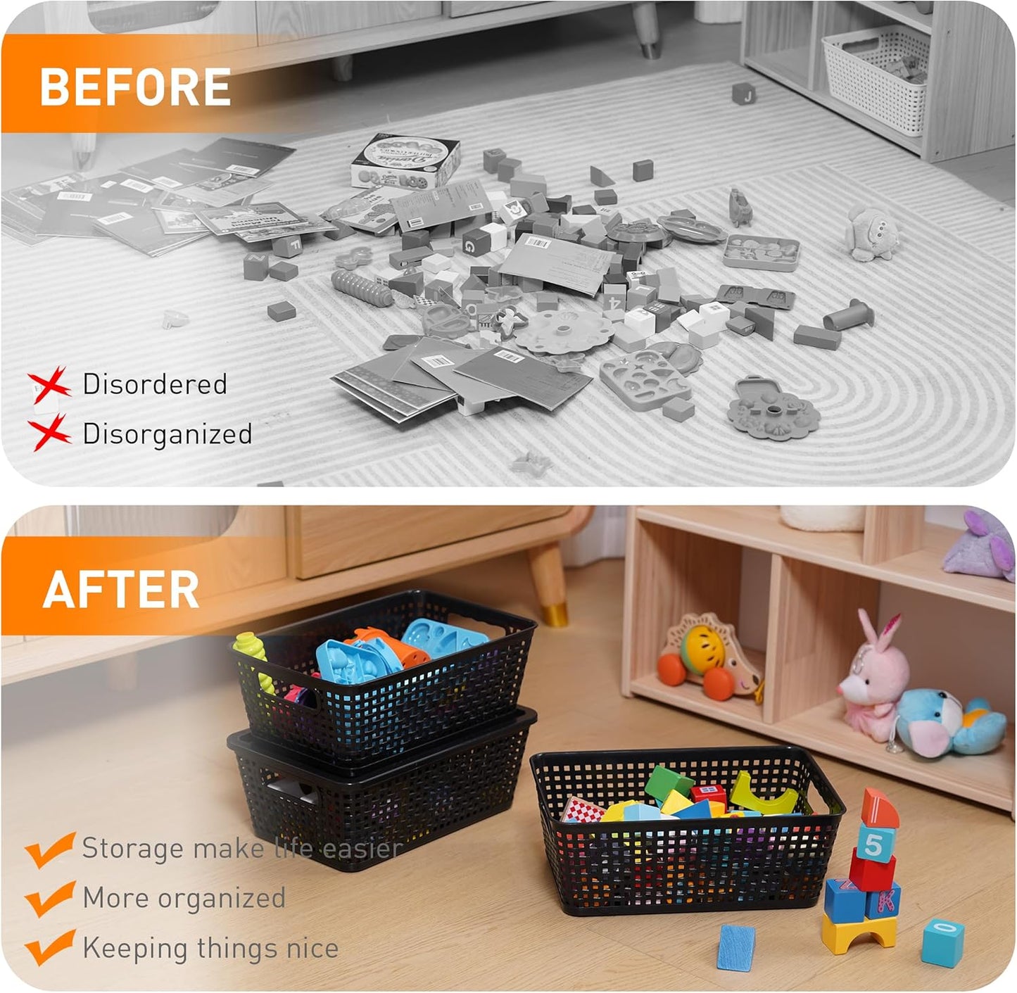 Plastic Storage Baskets With Lid, Storage Bins for Organizing, Stackable Decorative Containers for Shelves Drawers Desktop Closet Playroom Classroom Office, 6 Pack-Black