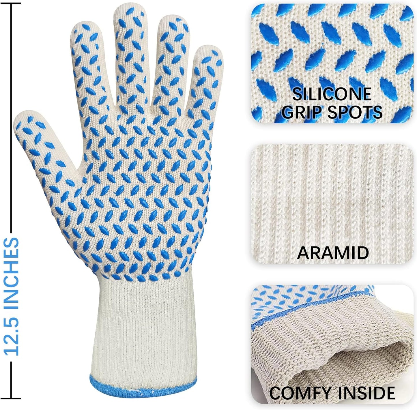 DEYAN Heat Resistant Oven Gloves 932°F | Silicone Non-Slip Mitts with Fingers | Flexible for Baking, BBQ, Grilling | Machine Washable (White, 1 Pair)