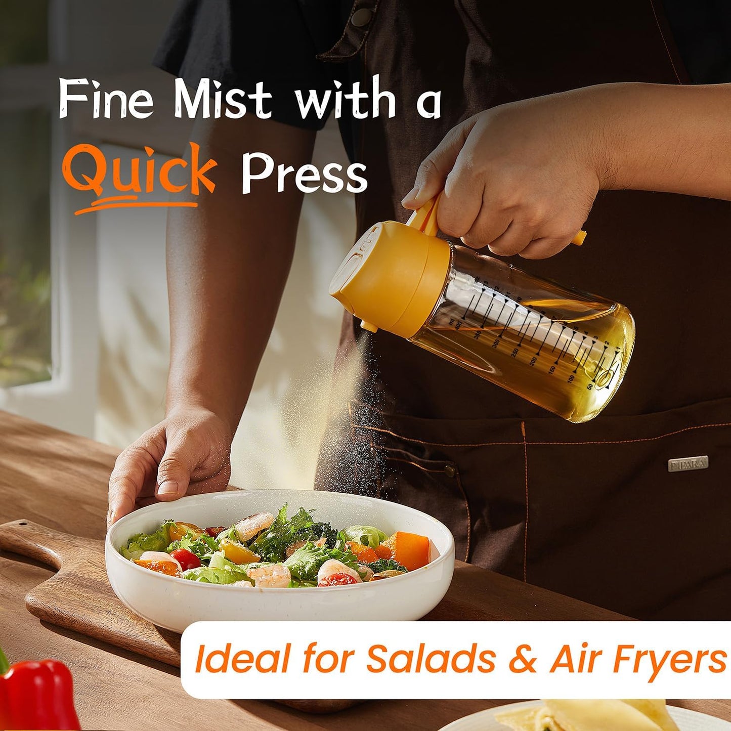 TrendPlain 16oz/470ml Glass Olive Oil Sprayer for Cooking – 2 in 1 Olive Oil Dispenser Bottle for Kitchen Gadgets and Air Fryer Accessories, Salad, BBQ - Yellow