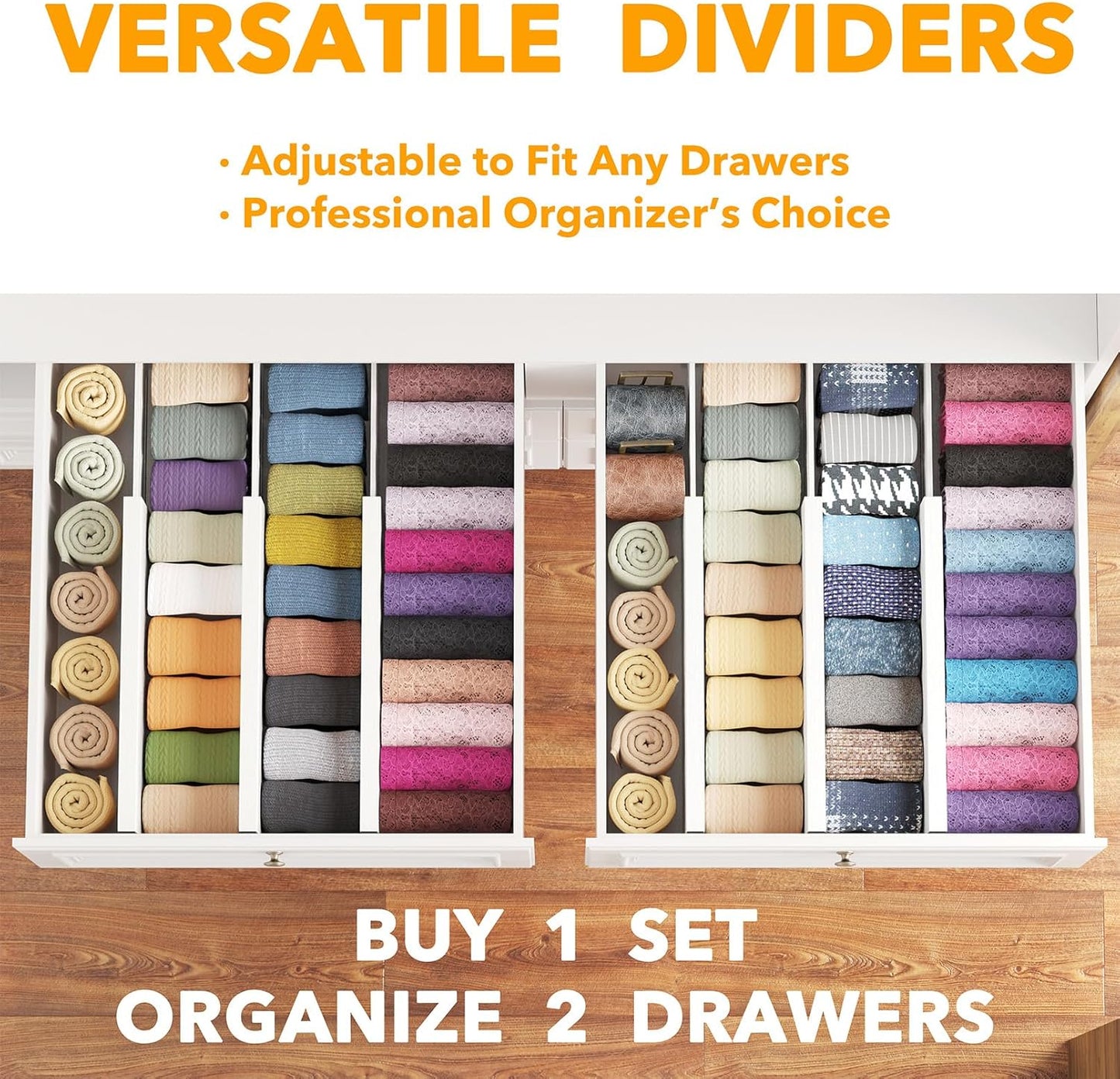 SpaceAid Bamboo Dresser Drawer Dividers 6 Pack, 4.65“ High Adjustable 12.5“-17” Drawer Organizers, Expandable Organization for Clothing, Clothes, Dressers, White