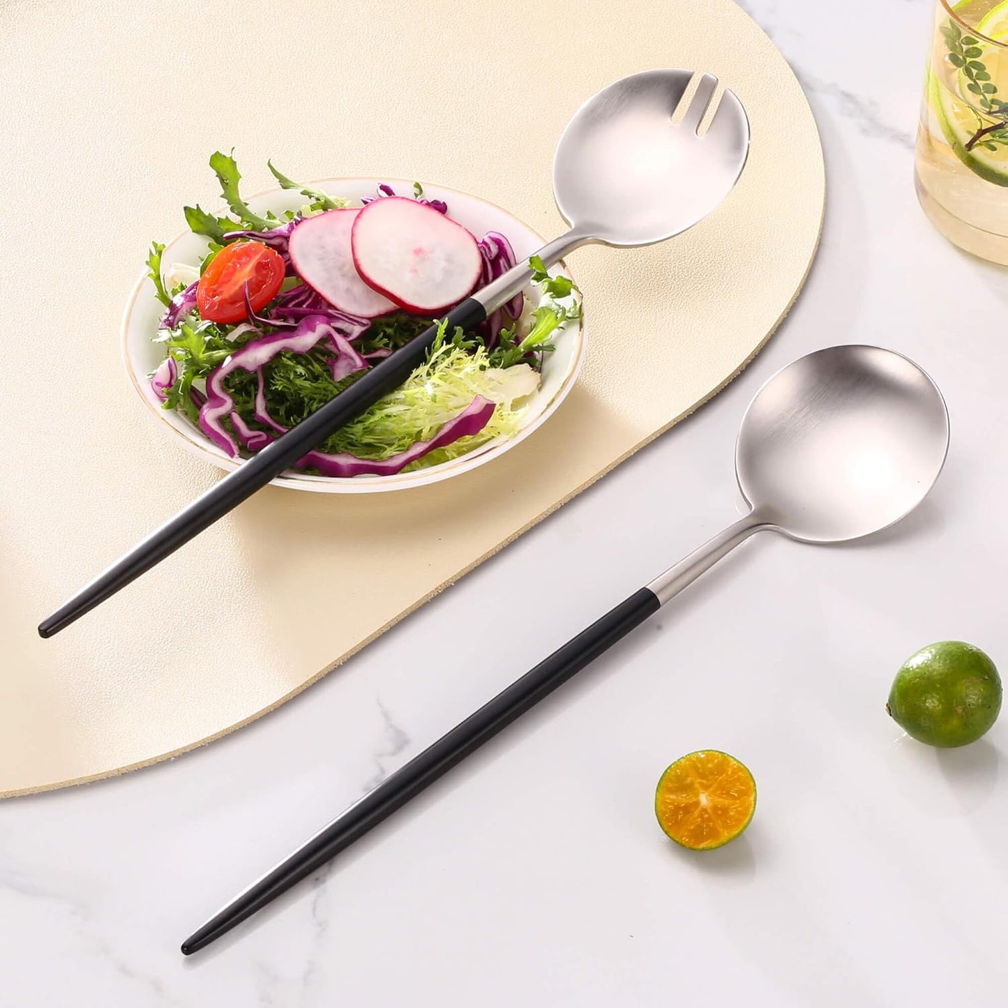 Silver Black Salad Serving Utensils,Serving Spoons Stainless Steel,2Pcs Long Handle Salad Servers 11.42 Inch,Salad Utensils for Serving,Matte Finish,Dishwasher Safe