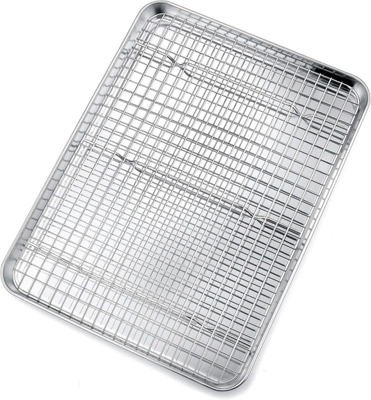 P&P CHEF 16 Inch Baking Sheet and Rack Set, Stainless Steel Cookie Sheets Oven Baking Pans Trays with Cooling Racks for Cooking & Roasting, Oven & Dishwasher Safe, (2Pcs)