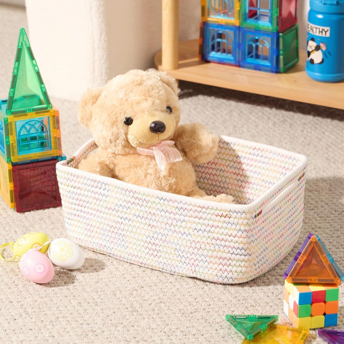 Small Storage Baskets for Organizing | Closet Organizer Bins | Shelf Toy Basket | Woven Rope Baskets | Cube Decorative Box | Shallow Basket | 13x8.5x5.1” | 4 Packs Rainbow