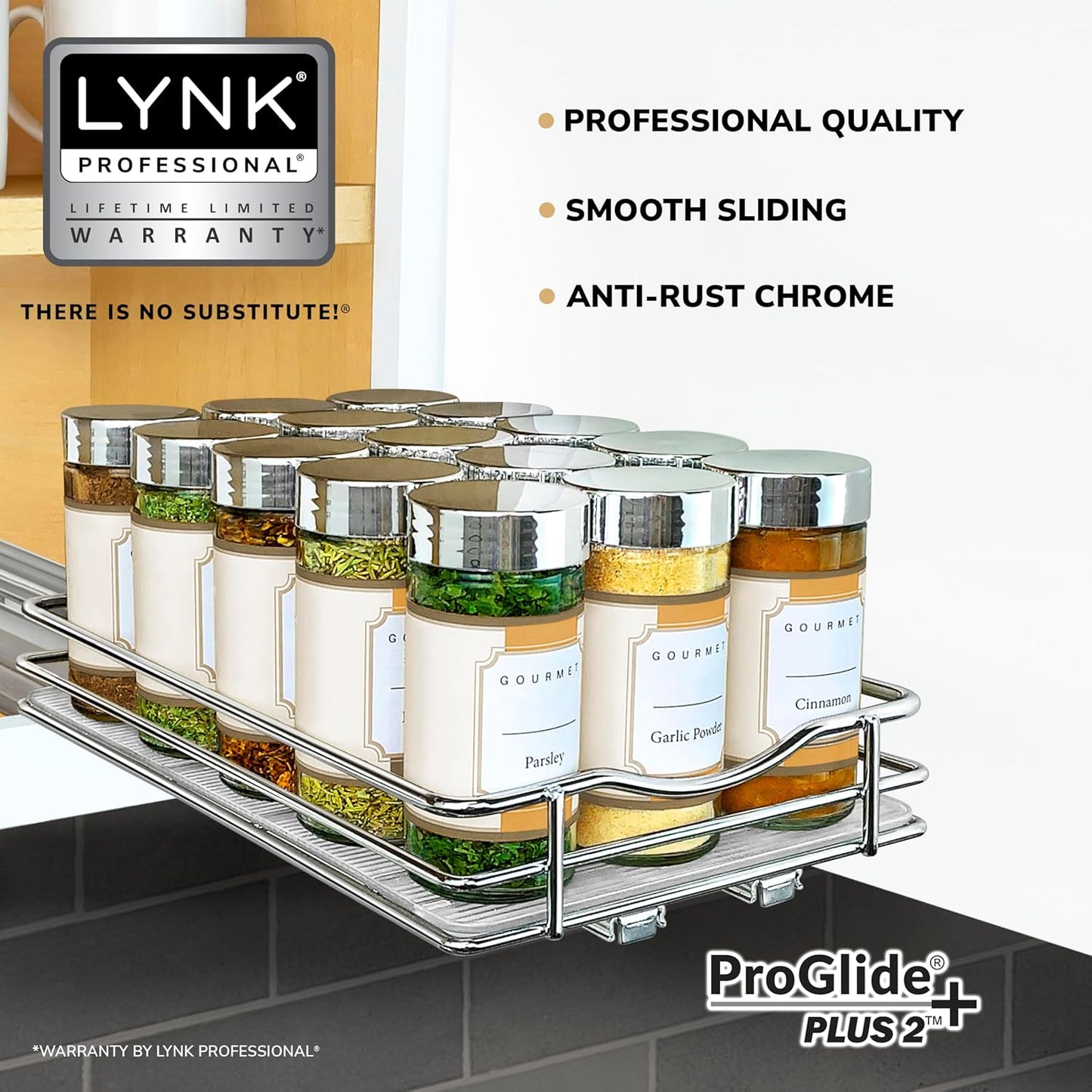 LYNK PROFESSIONAL® Pull Out Spice Rack Organizer for Inside Kitchen Cabinets - 6-1/4 inch Wide - Slide Out Drawer – Chrome Sliding Spice Cabinet Organization Shelf Racks - 1 Tier