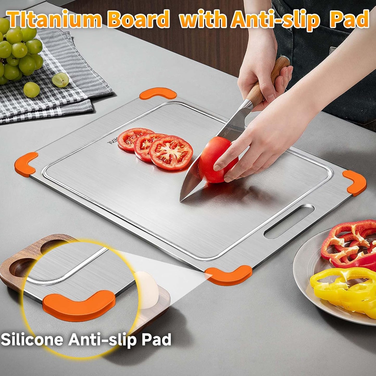 100% Pure Titanium Cutting Board with Grooves, Update Double Side Titanium Chopping Board, Silicone Anti-slip Stainless Cutting Boards for Kitchen 10 * 14 IN, Orange