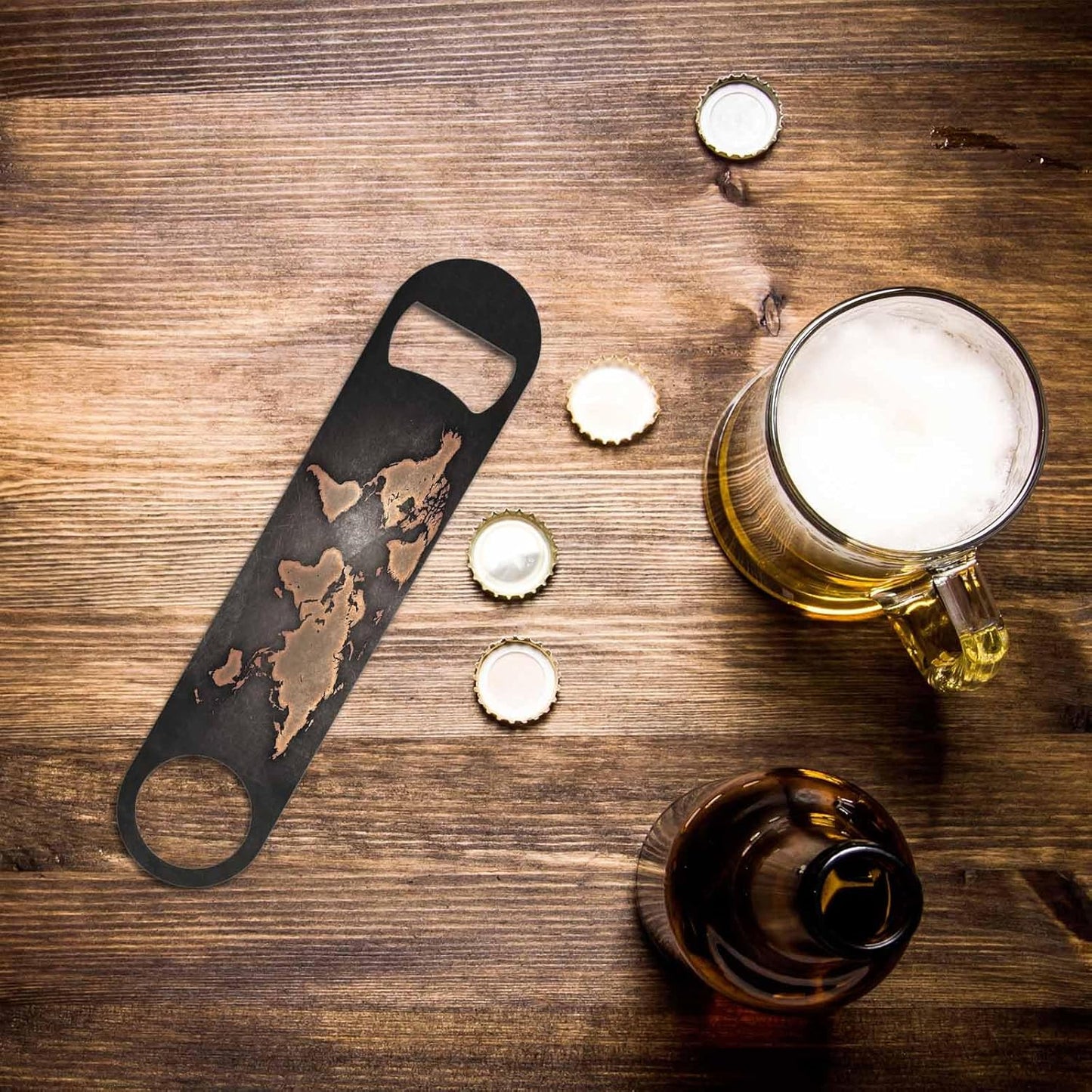 Vintage World Map Stainless Steel Bottle Opener Aged Retro Black Brown Seven Continents Map Flat Beer Bottle Opener Keychain for Home Kitchen Bar Restaurant Party Birthday Gift