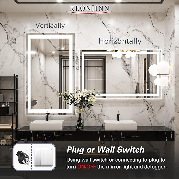Keonjinn LED Bathroom Mirror with Lights 40 x 24 Inch IP54, Tempered