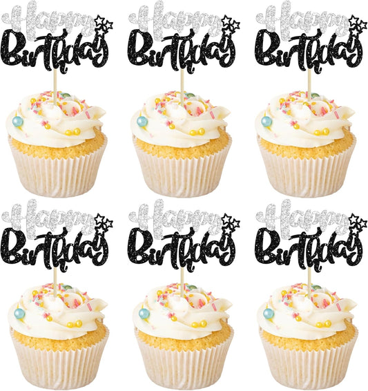 Ephlyn 24Pcs Happy Birthday Cupcake Toppers - Black Silver Glitter - Double Layer - Perfect for Birthday, Baby Shower & Anniversary Parties