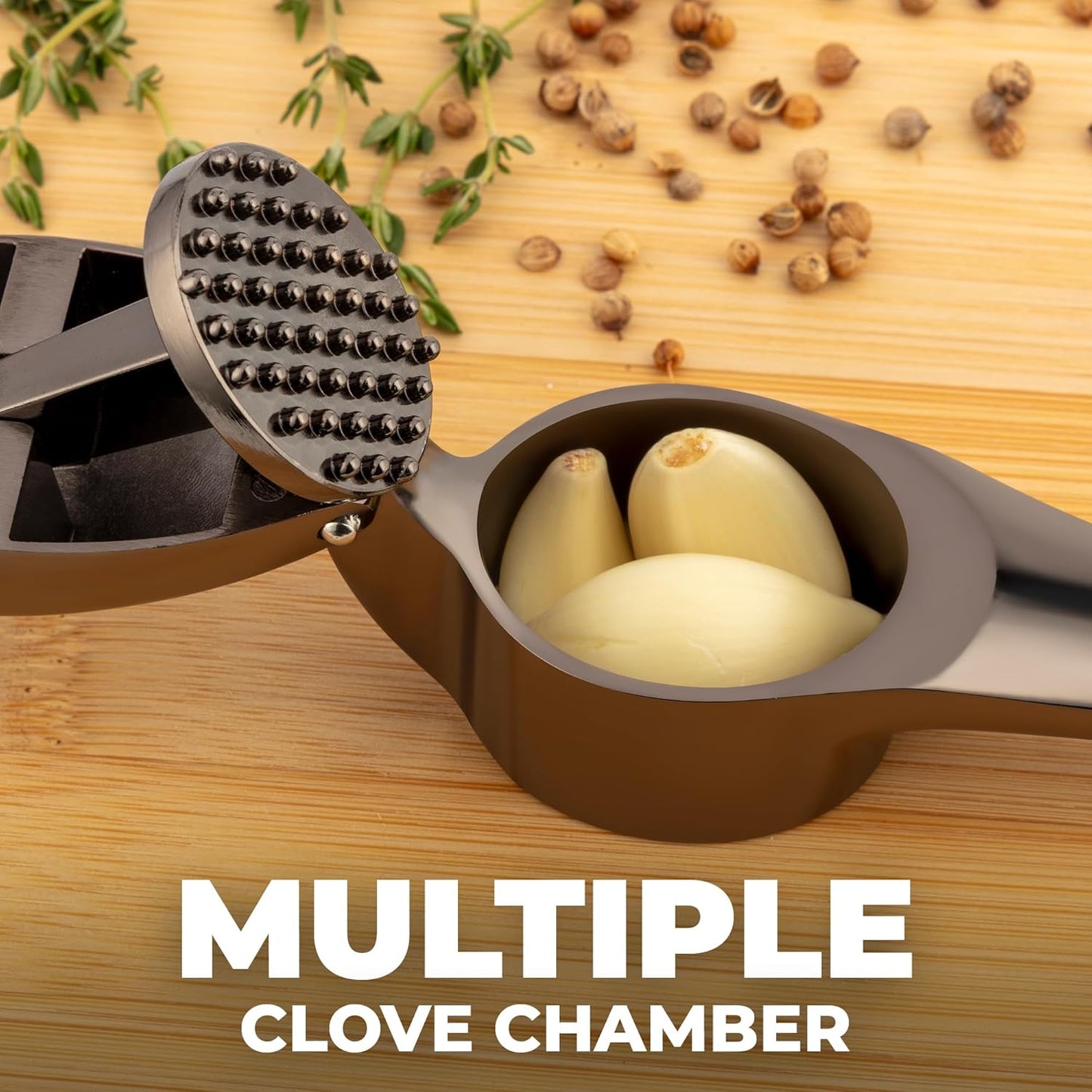 Zulay Kitchen Large Premium Garlic Press Set – Rust Proof & Dishwasher Safe, Bigger Bowl Garlic Mincer Tool with Silicone Garlic Peeler & Brush, Easy Squeeze & Clean, Ergonomic Handle - Dark Gray