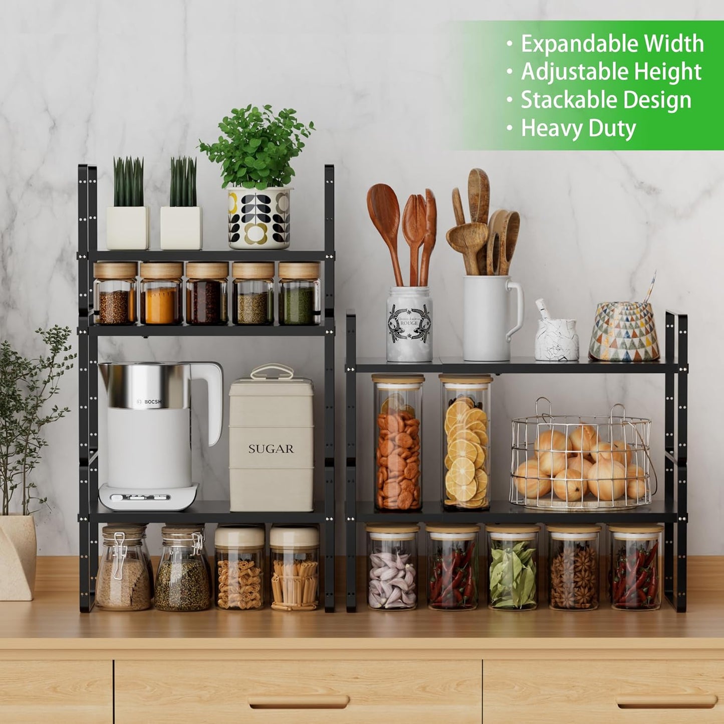 Expandable Cabinet Storage Shelf, Stackable Organizer Rack for Kitchen Bathroom Pantry Spice Cupboard Countertop Home Office Desk, Heavy Duty, Black Large 1 PACK, 10.2 Inch Depth