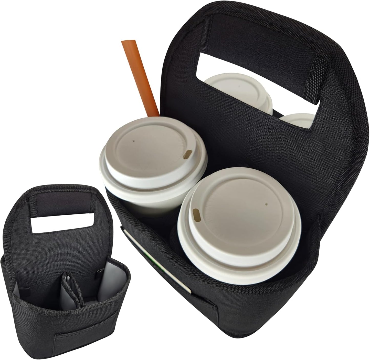 Insulated Reusable 4-Cup Drink Carrier with Adjustable dividers, Money Pocket, Straw Slot and Handle. Ideal for delivery, Takeout, Travel, and Outdoor use