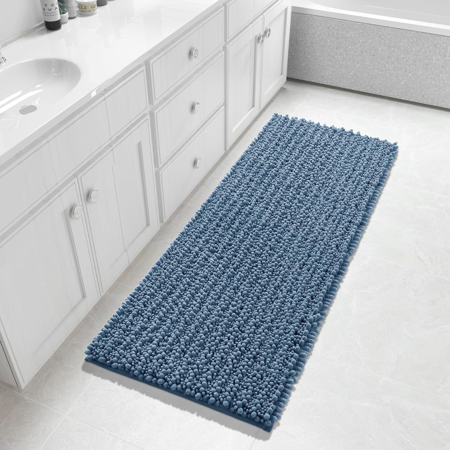 Yimobra Bathroom Runner Rug 55x24 Inch - Extra Long Non Slip Chenille Bath Mat, Soft & Absorbent, Machine Washable Shaggy Hallway Carpet for Vanity Tub Shower, Denim Blue Home Decor Accessories