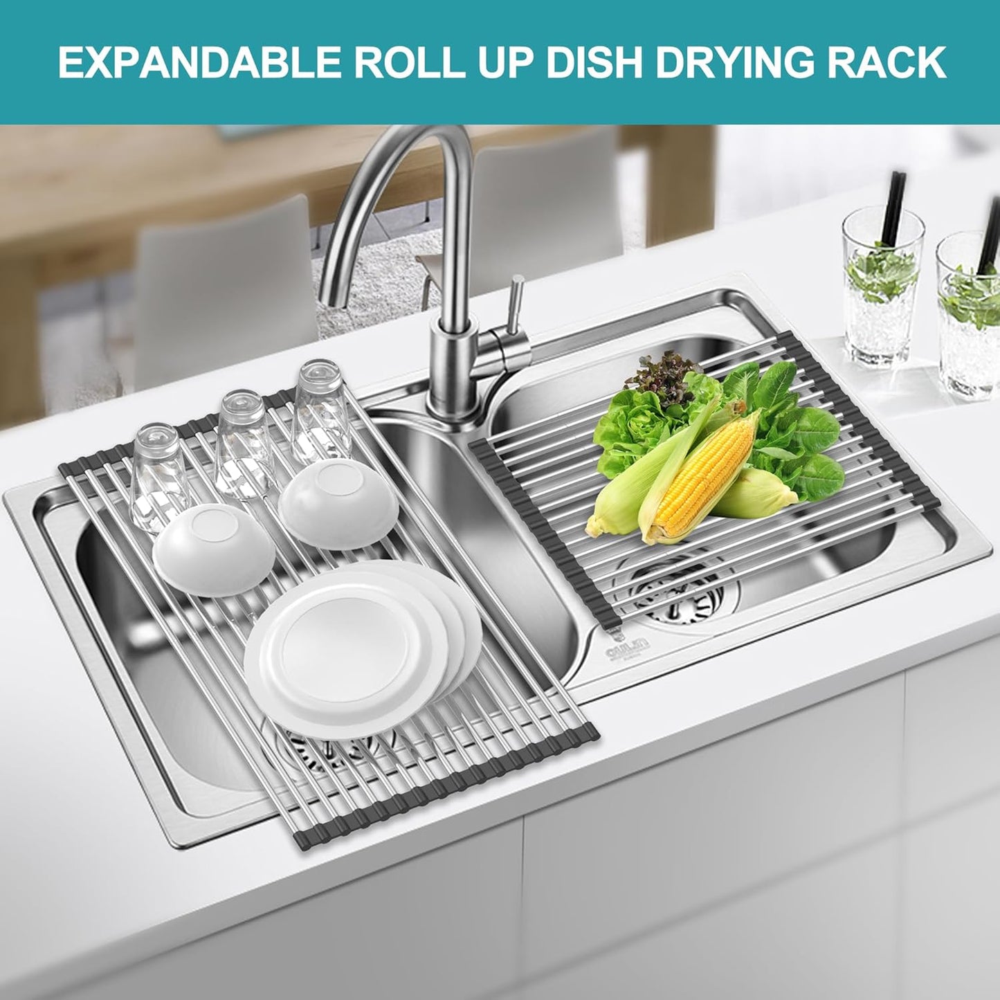 BBXTYLY Extra Expandable Roll Up Dish Drying Rack,Over The Sink Drying Rack Sink Cover Kitchen Sink Accessories Kitchen Rolling up Stainless Steel Drainer, Foldable,Rollable（Black，22.8''-12.4''）