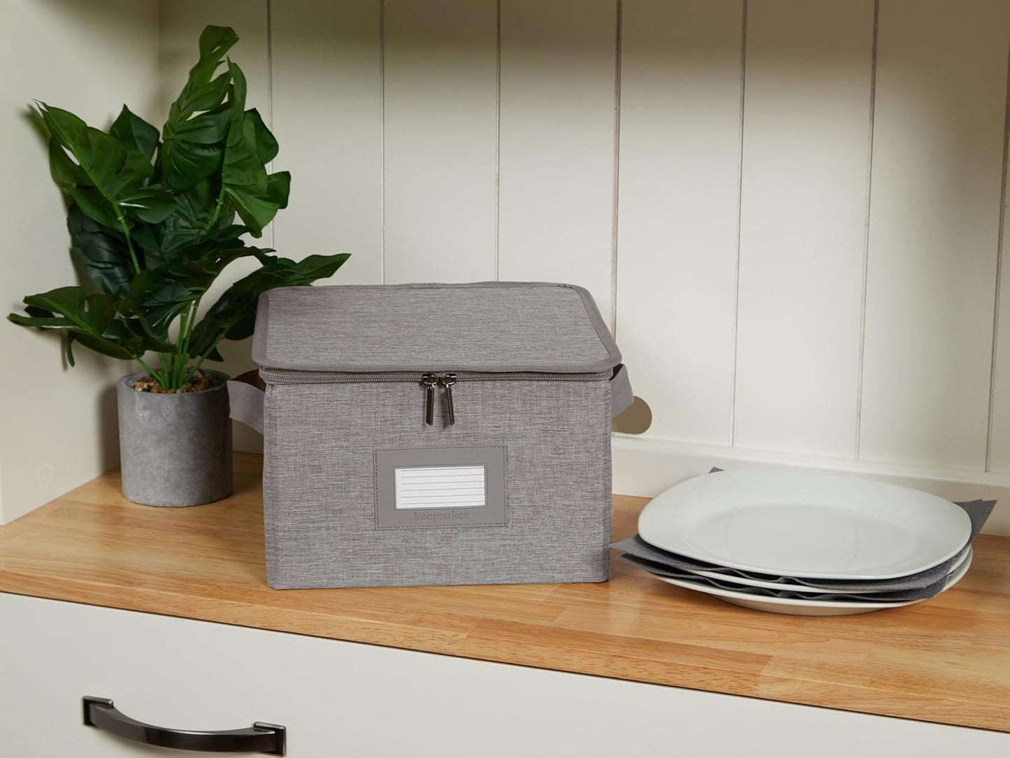Covermates Keepsakes Dish Storage Box - Stackable, Reinforced Handles, China Storage, Grey Heather