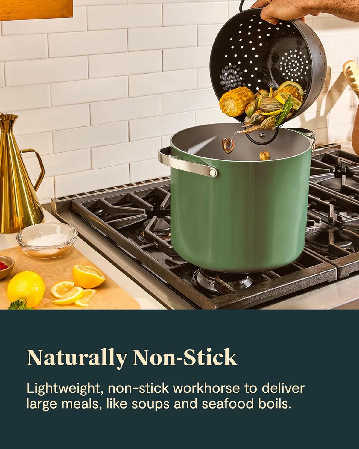 Caraway Stock Pot - 12 Qt Ceramic Coated With Lid - Free From Forever Chemicals - Large for Bigger Batches - Cream