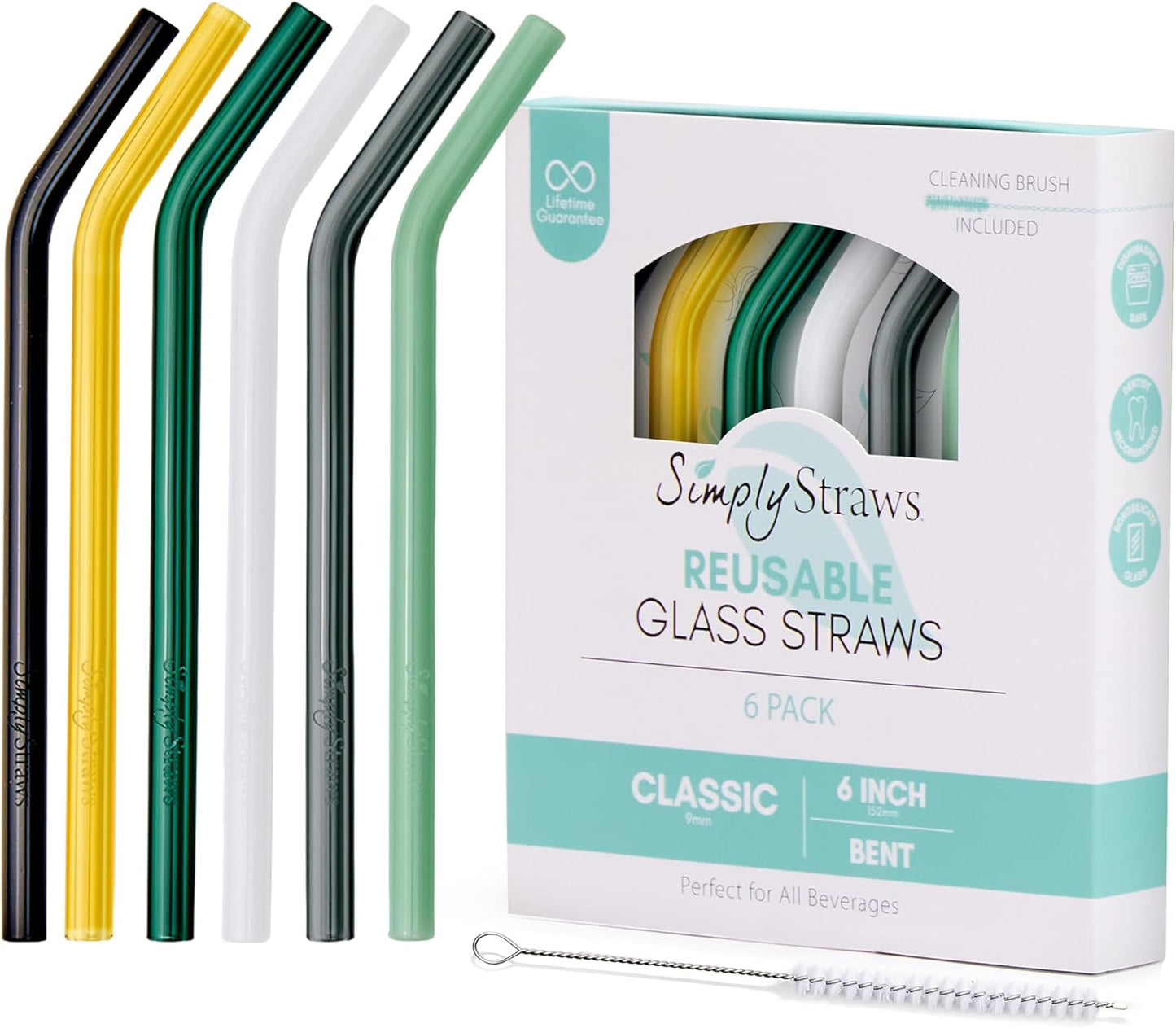 Simply Straws 6 Inch Glass Straws Bent (6-Pack) – Reusable Glass Straws for Low Balls & Stemless Glasses, with Cleaning Brush – Dishwasher Safe, Hot & Cold Use, BPA-Free (Fjord Mist)