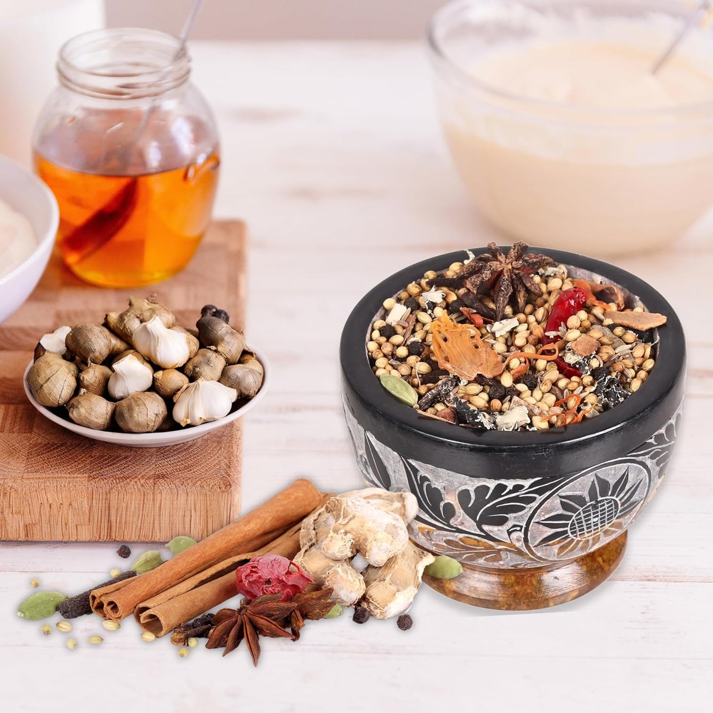 Mortar and Pestle, Made of Heavy Duty Polished Hard Stone, Natural Stone Grinder for Spices, Pastes, Herbs, Seasoning etc. (Black & Yellow)