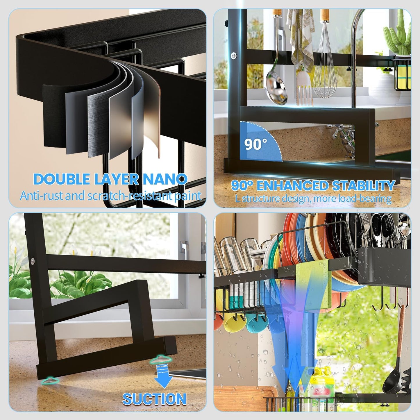 Over Sink Dish Drying Rack (Expandable Height/Length) Snap-On Design Large Dish Draine Storage Counter Organizer (24" - 35.5" L x 12" W x 19" - 22" H)