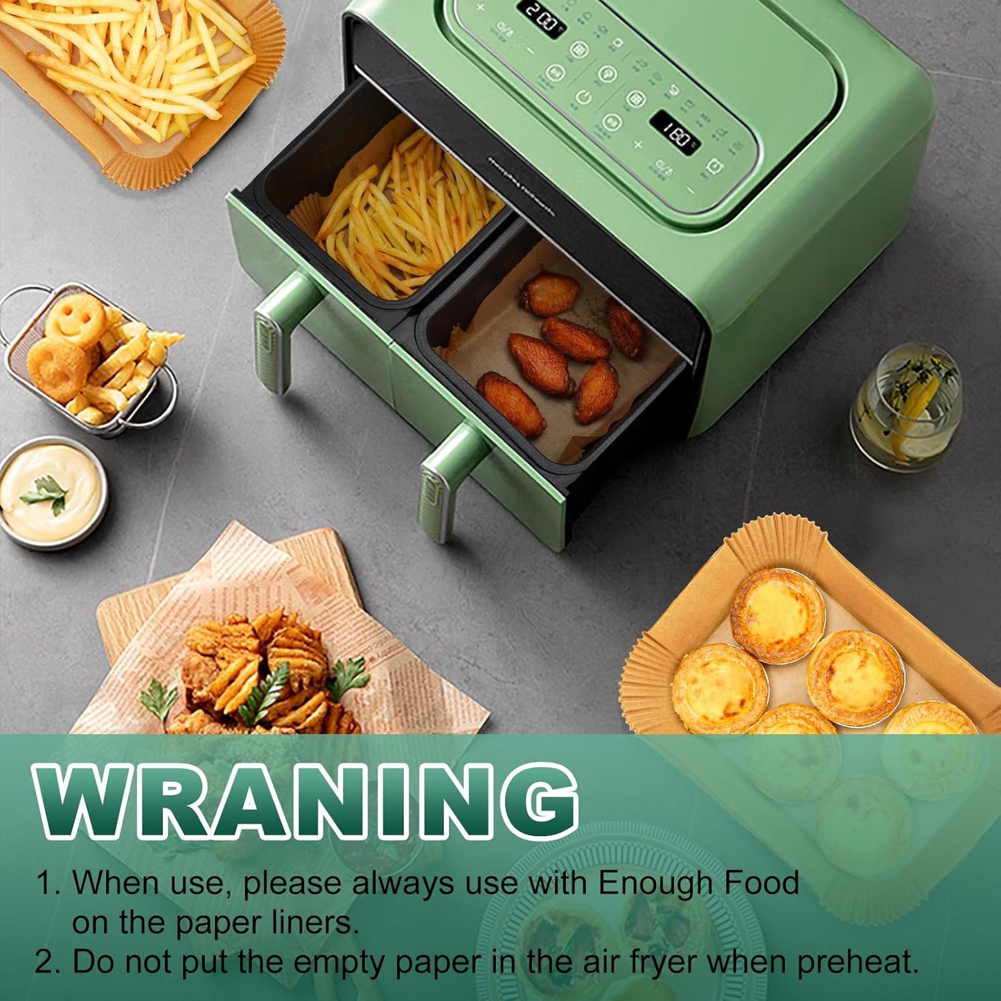 Vailnd Air Fryer Paper Liners Disposable - 50 PCS 8.6x5.5 Inch Rectangle Parchment Paper Sheets, Food Grade Baking Paper for Dual Basket Air Fryer, Oilproof, Waterproof