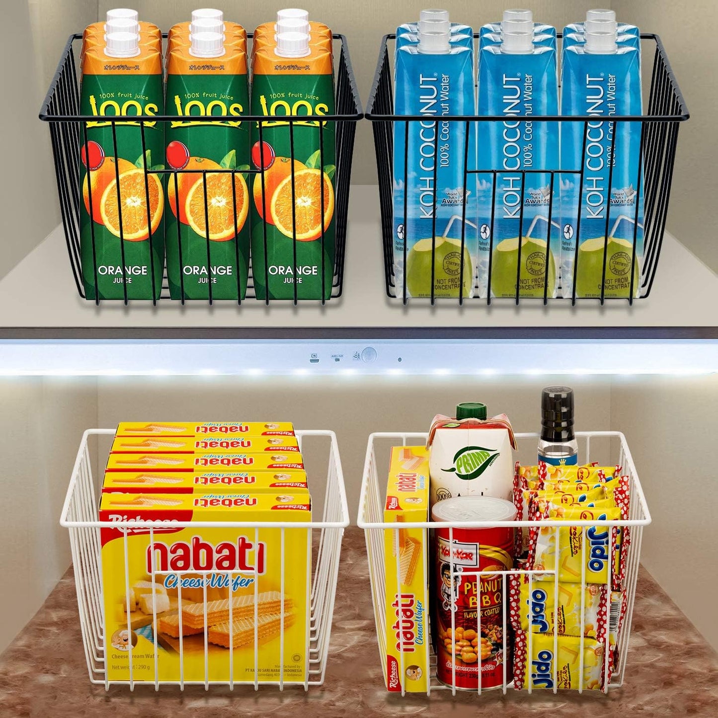 SANNO Freezer Storage Baskets, Pantry Storage Wire Basket Organizer Bins Refrigerator Bin with Built-in Handles for Cabinets, Pantry, Closets, Bedrooms - Set of 4 Black, Black,11"x 10"