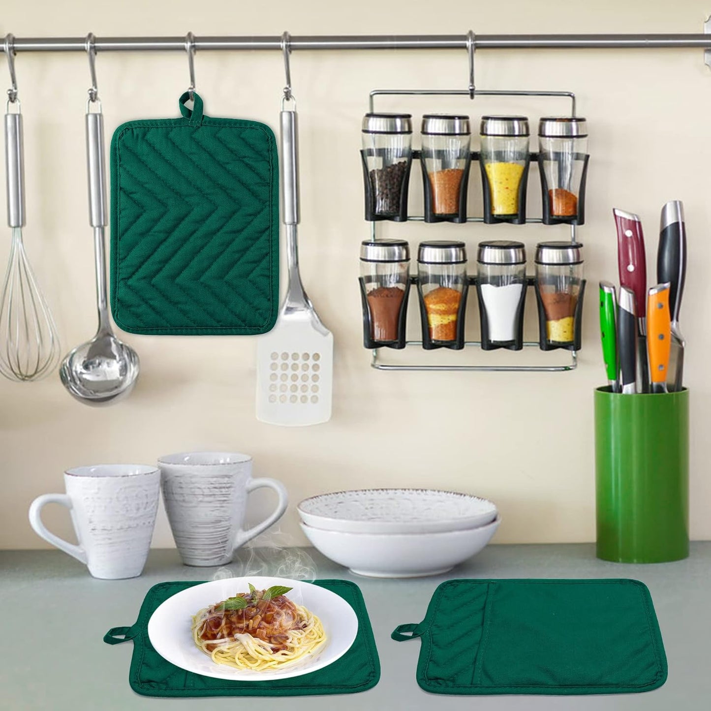 GROBRO7 5Pack Pocket Pot Holders Cotton Heat Resistant Potholder Multipurpose Hot Pads Machine Washable Oven Mitts Heat Pads for Daily Kitchen Baking and Cooking 8.9 x 6.9 in Dark Green