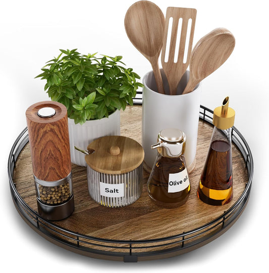 Acacia Wood 13" Lazy Susan Turntable Organizer for Table Top, Farmhouse Round Wooden Lazy Susan for Cabinet Kitchen Centerpieces Coffee Table, for Condiments Spices, Bathroom Vanity Tray Decor