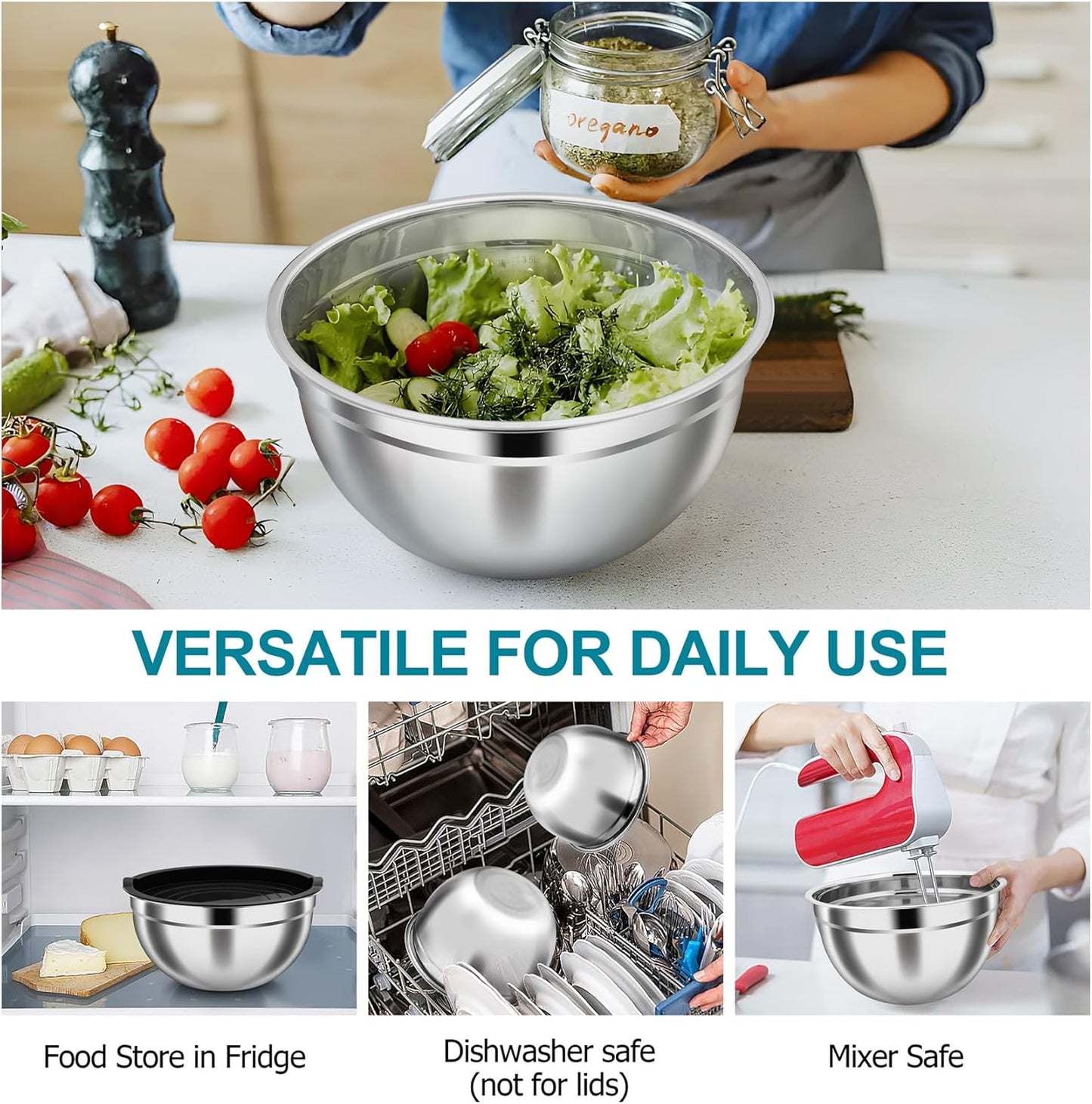 TeamFar Mixing Bowls, 4.6/3 / 1.5 QT, Stainless Steel Nesting Salad Bowls with Airtight Lids Set, For Serving/Mixing/Storing, Healthy & Long-lasting, Dishwasher Safe & Easy Clean, Black