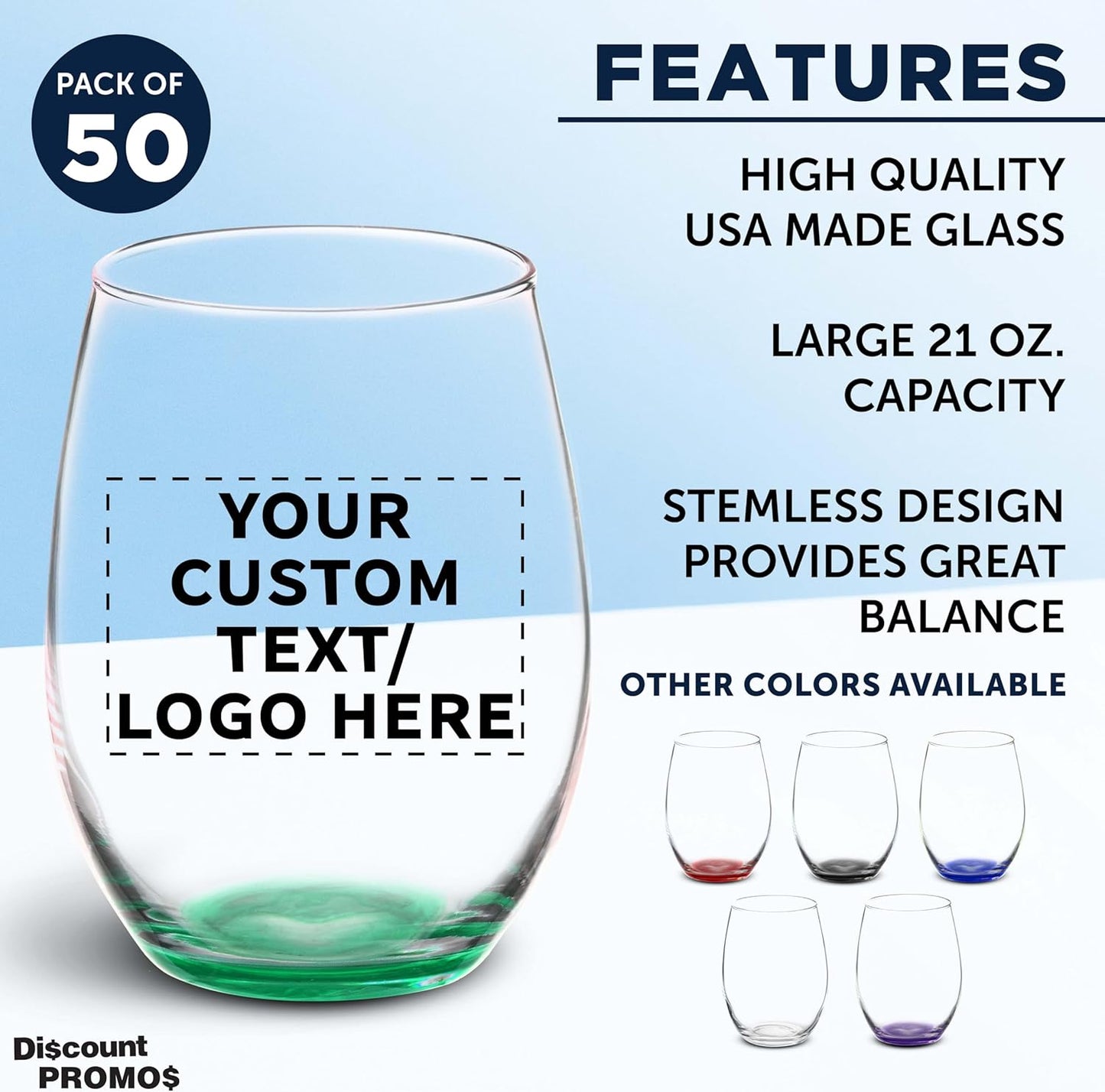 DISCOUNT PROMOS 50 ARC Stemless Wine Glasses Set, 21 oz. - Customizable Text, Logo - Chardonnay, Cabernet, Merlot, Sauvignon - Green