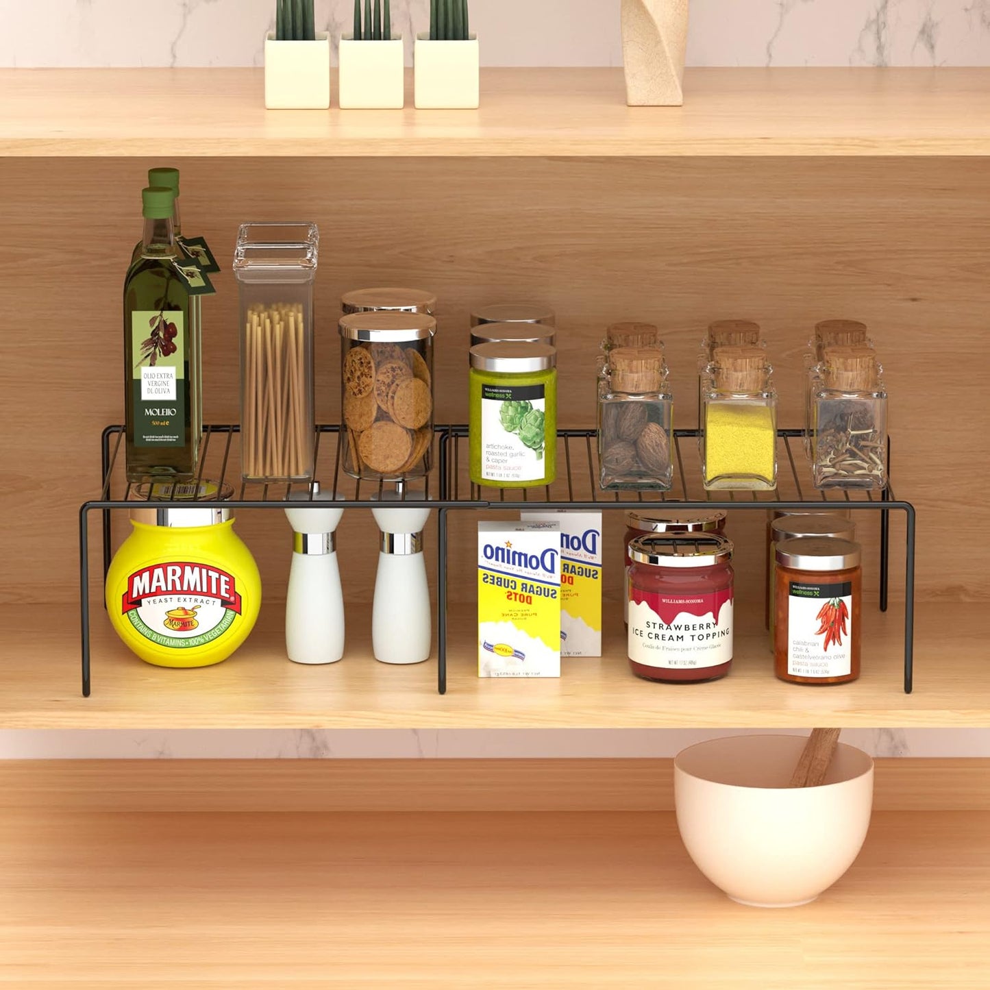 Redrubbit Expandable Shelf Rack, Rustproof Metal Storage Organizer for Kitchen, Fridge, Bathroom, Black