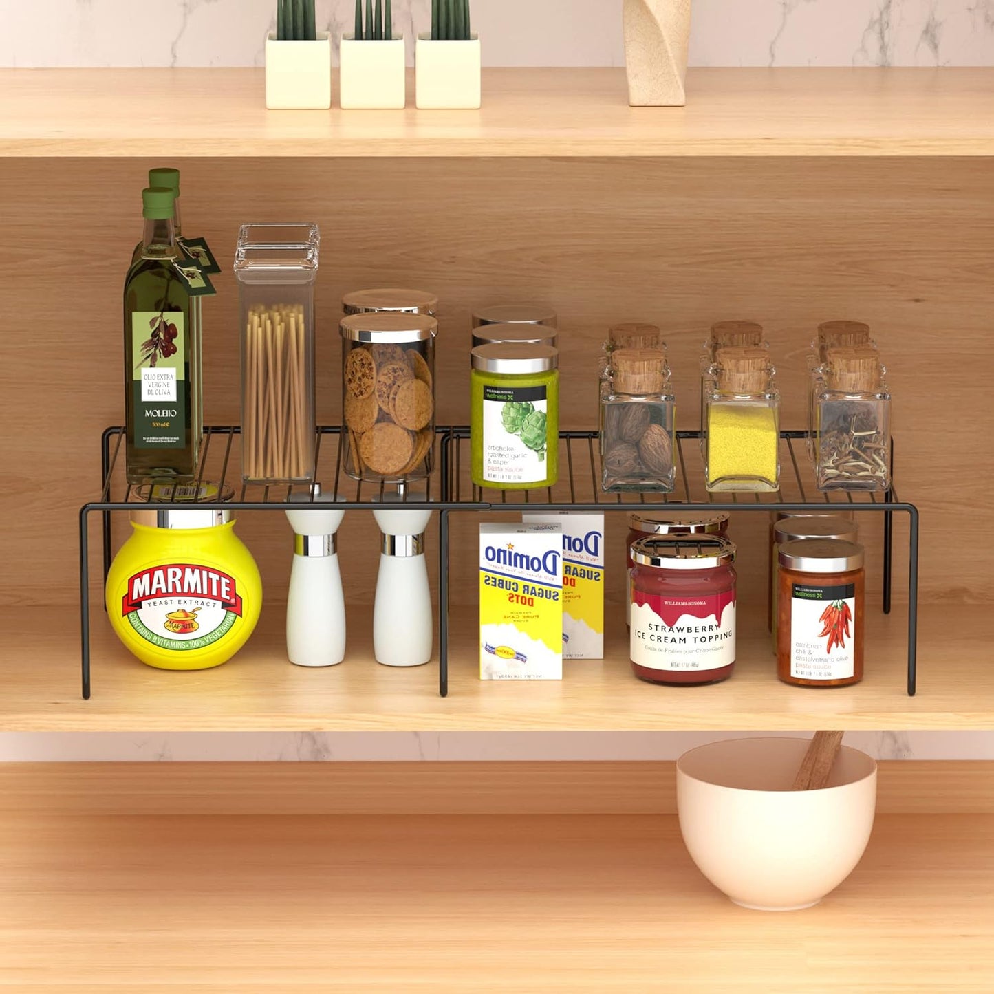 Redrubbit Cabinet Storage Shelf Rack, Expandable Metal Rustproof Kitchen Counter and Cabinet Shelf, Storage Rack Organizer Space Saver for Kitchen, Fridge, Cabinet, Bathroom, Black, Set of 6