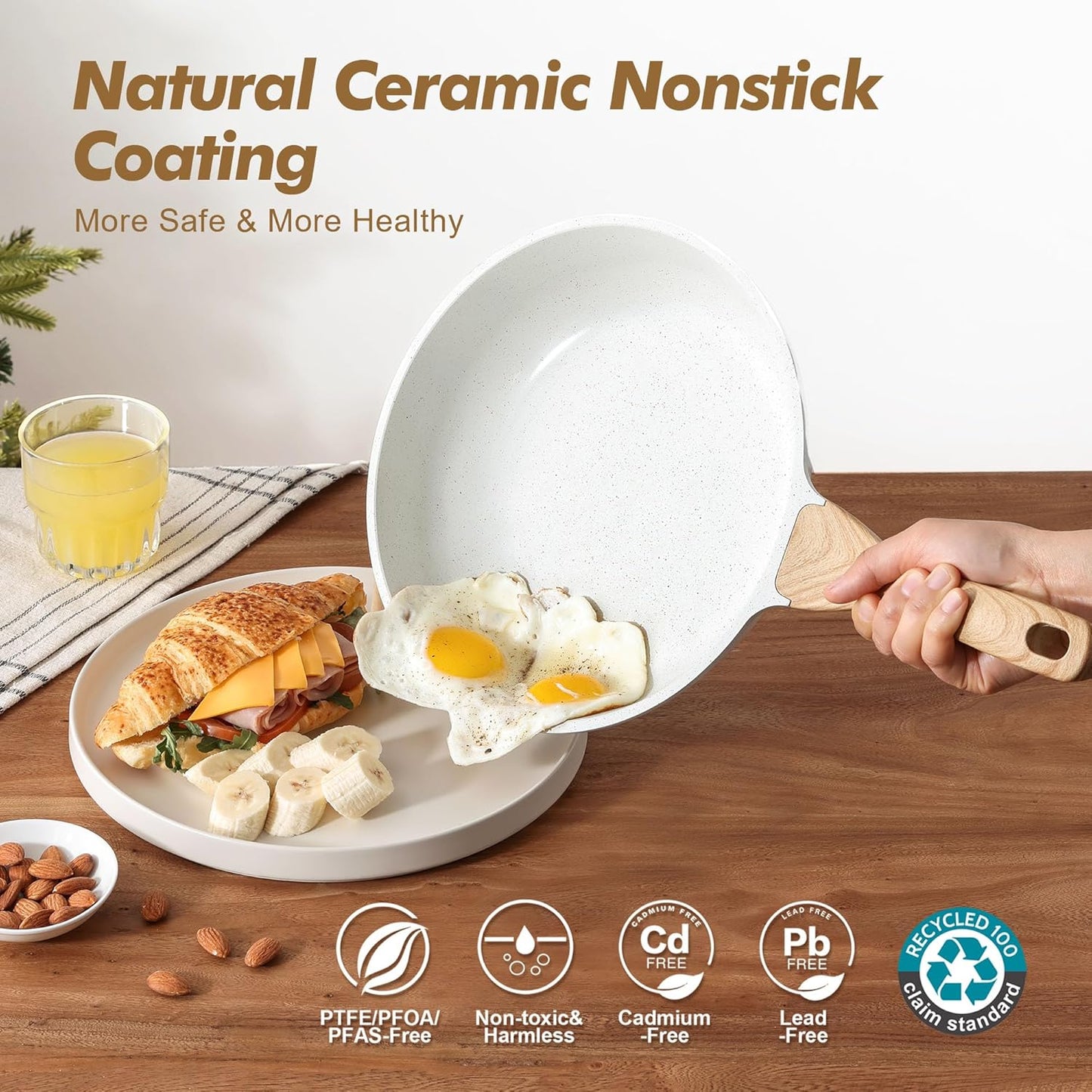 SENSARTE Nonstick Frying Pan Skillets, White Ceramic Coating Omelette Pans, Healthy Cookware Chef's Pan, Free of PTFE & PFAS (8+10 Inch)