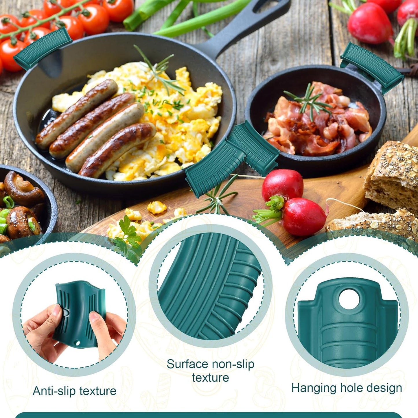 Patelai 4 Pcs Silicone Assist Hot Pan Handle Holder Pot Handle Covers for Cast Iron Skillets Holder Sleeve Nonslip Heat Resistant Pan Cover for Enameled Griddles Casserole Frying Cookware (Green)