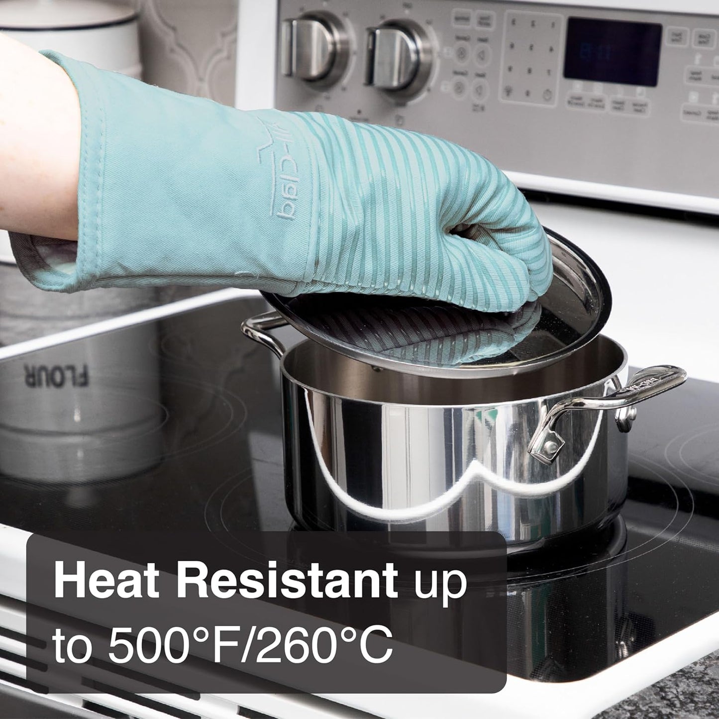 All-Clad Silicone Oven Mitt: Heat Resistant up to 500 Degrees - 100% Cotton & Silicone, 14"x7" Oven Mitt for Kitchen and Barbeque, 1-Pack, Rainfall