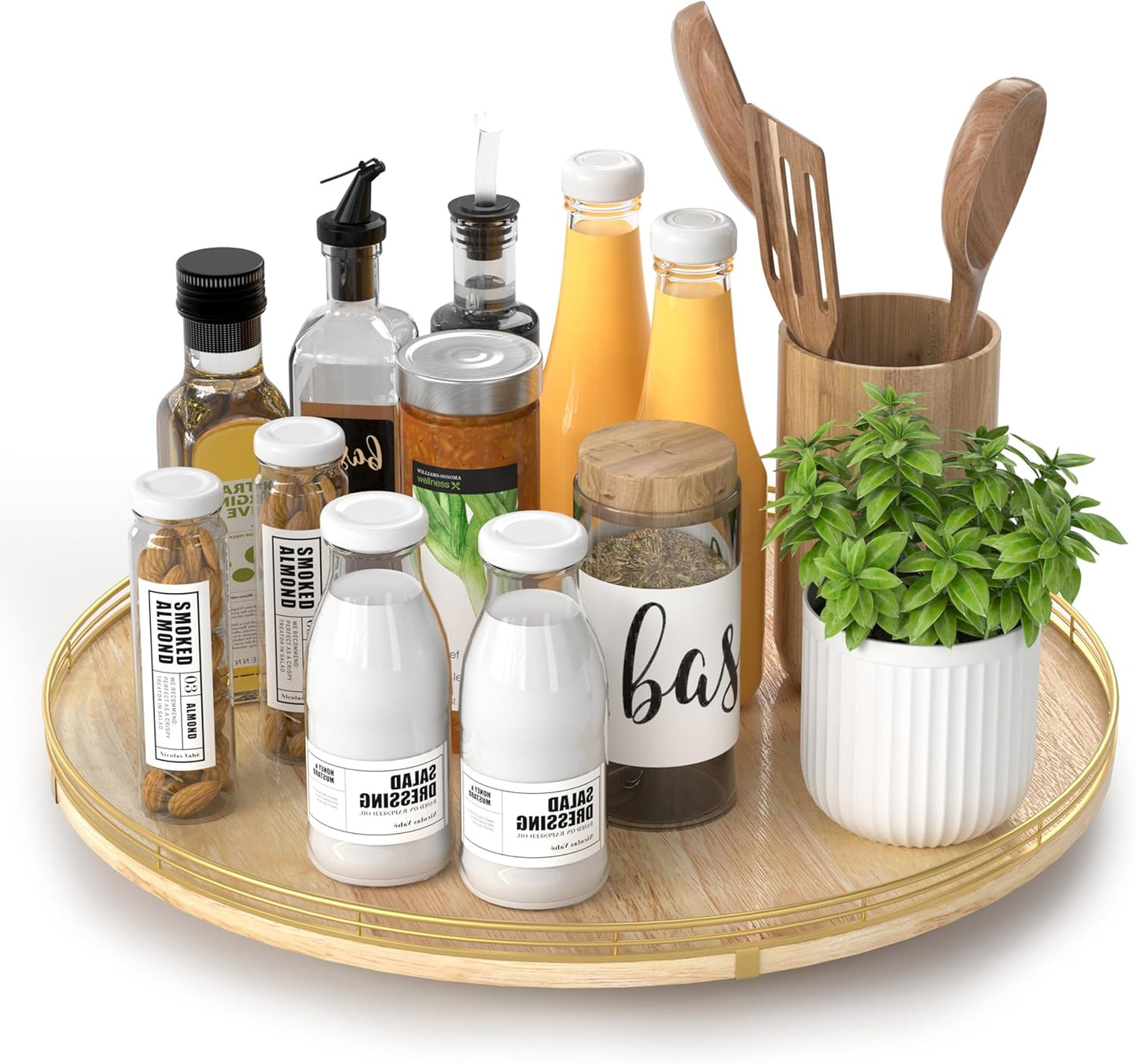 16 Inch Rustic Lazy Susan Turntable – Solid Oak & Iron Wood Rotating Tray for Dining Table, Kitchen Counter, Coffee Table – Farmhouse Style Large Wooden Lazy Susan Organizer for Home Décor