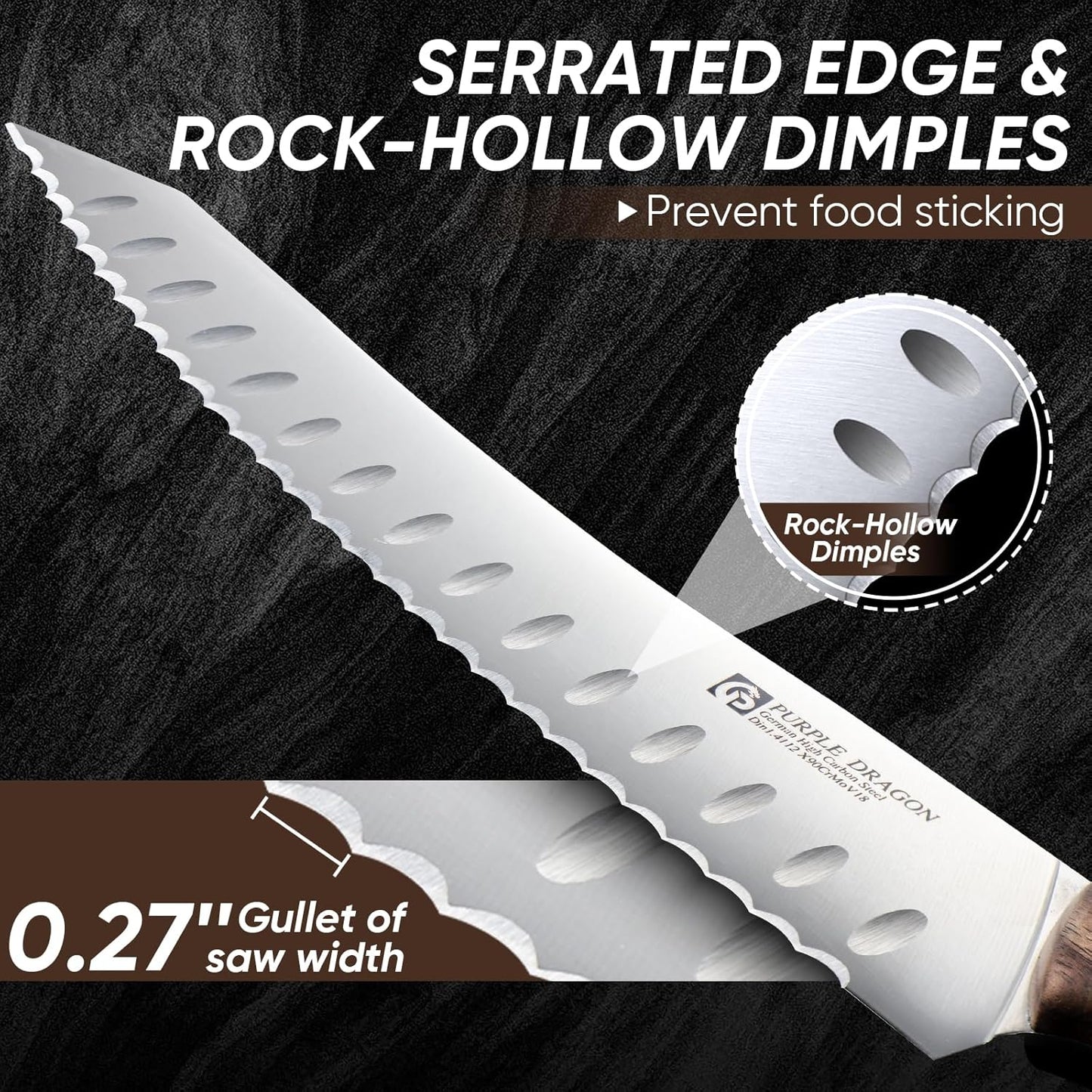 Purple Dragon Bread Knife, Serrated Knives for Homemade Bread Sourdough, German High Carbon Steel Cake Knife and Fruits Cutting, Gift Box, Anniversary Idea Gift for Father Dad - Pointed