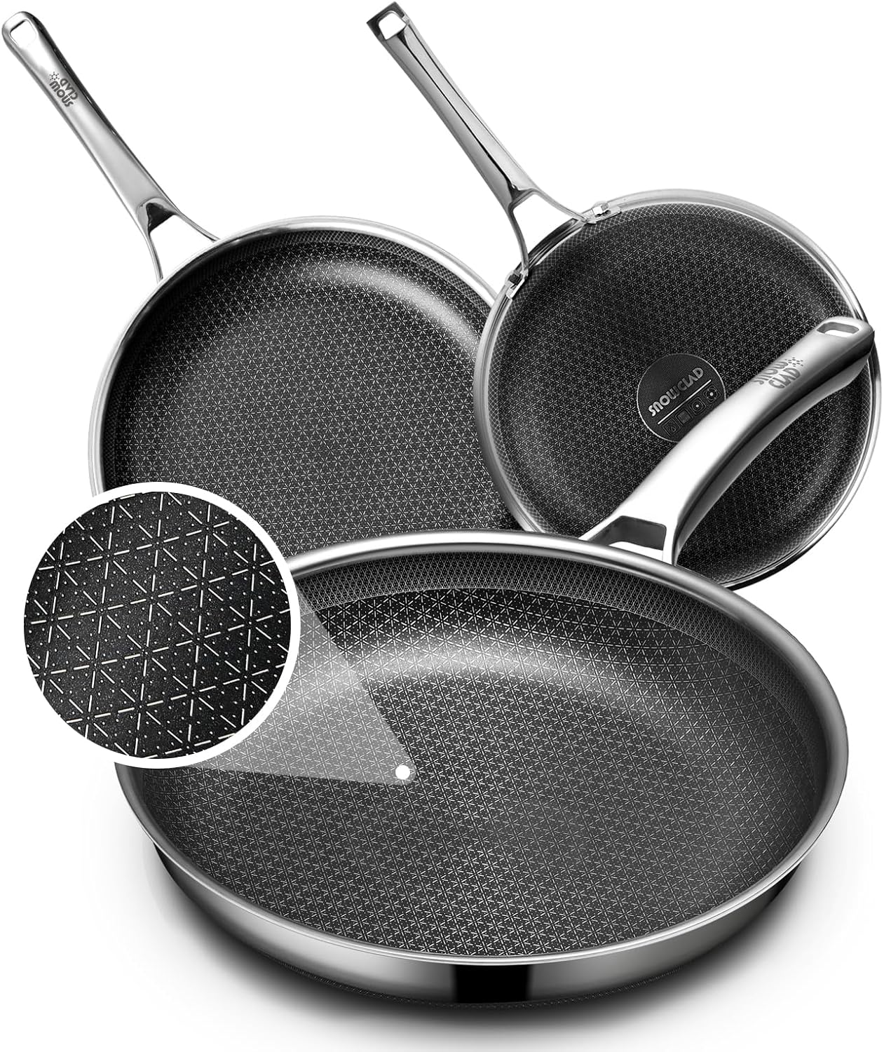 Non Stick Frying Pans Set, Hybrid Pans Set Nonstick (8+10+12inch),Skillets for cooking, PFOA Free Stainless Steel Kitchen set, Dishwasher and Oven-Safe Cookware Sets