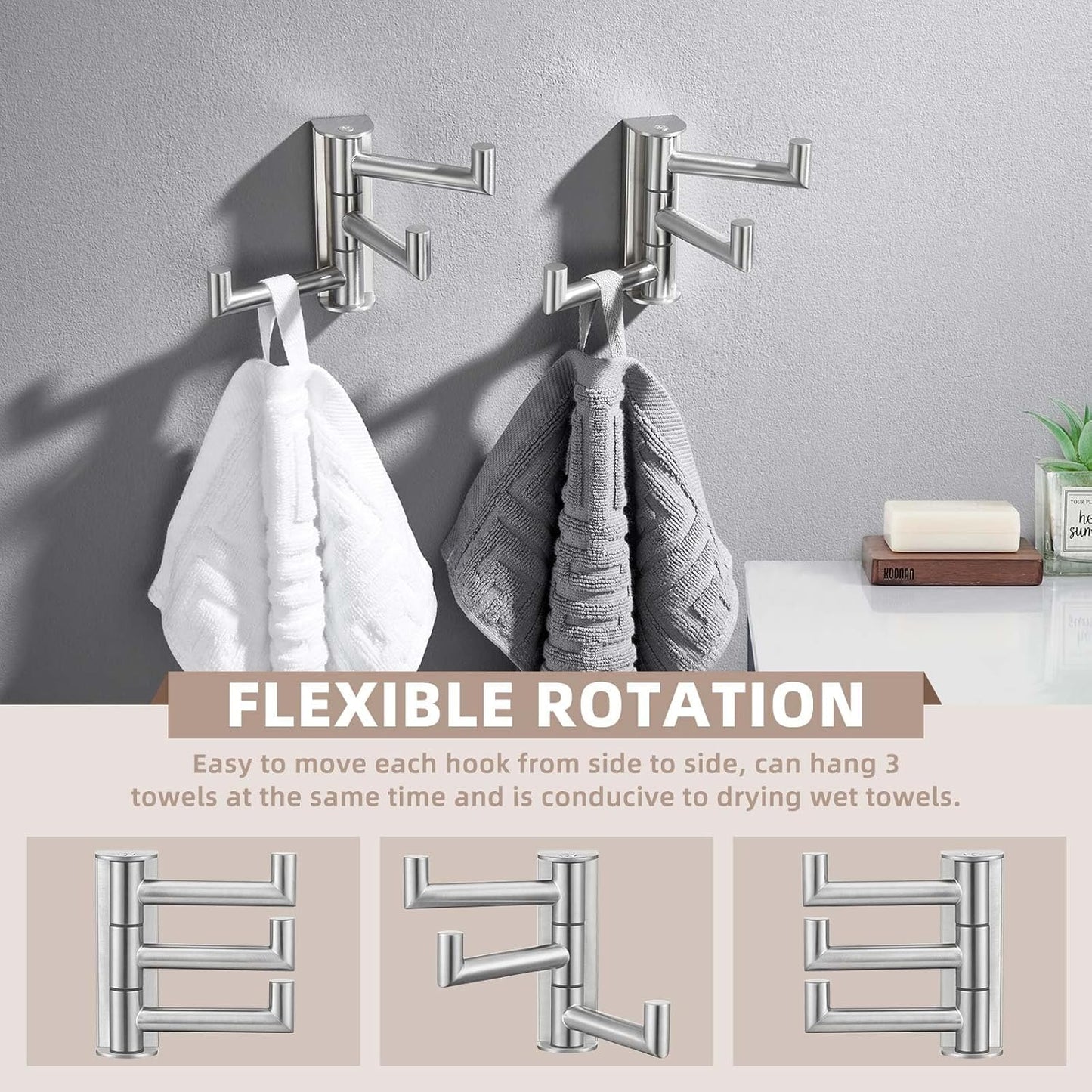 Suyar Towel Hook for Bathroom, SUS 304 Stainless Steel Swivel Robe Holder with 3 Arms, Wall Hook Brushed Nickel, 2 Pack