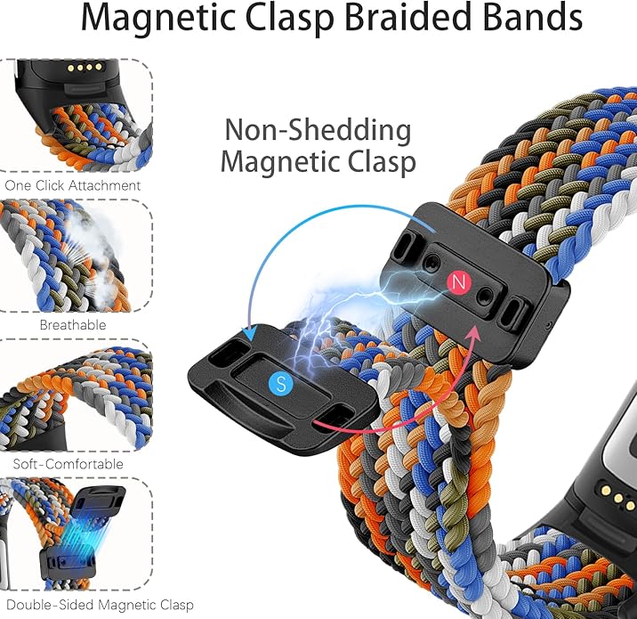 Magnetic Braided Nylon Compatible with Fitbit Charge 6 Bands/Fitbit Charge 5 Bands for Women Men, Soft Sport Stretchy Breathable Strap Replacement Wristband for Charge 6/Charge 5