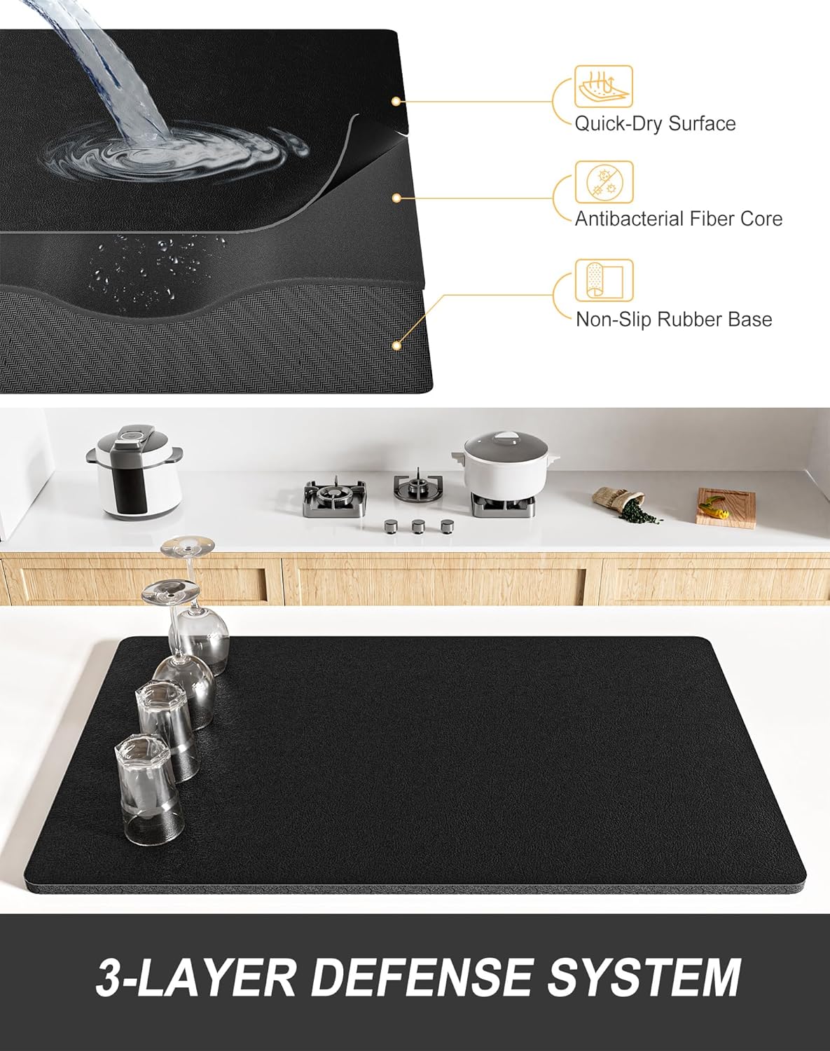 Rnivvi Dish Drying Mat for Kitchen Counter, XL 15 x 24" Super Absorbent Drainer Pad Easy Clean Dish Rack Pad, Non-Slip Heat Resistant Coffee Bar Mat for Coffee Machine Station Accessories Decor, Black