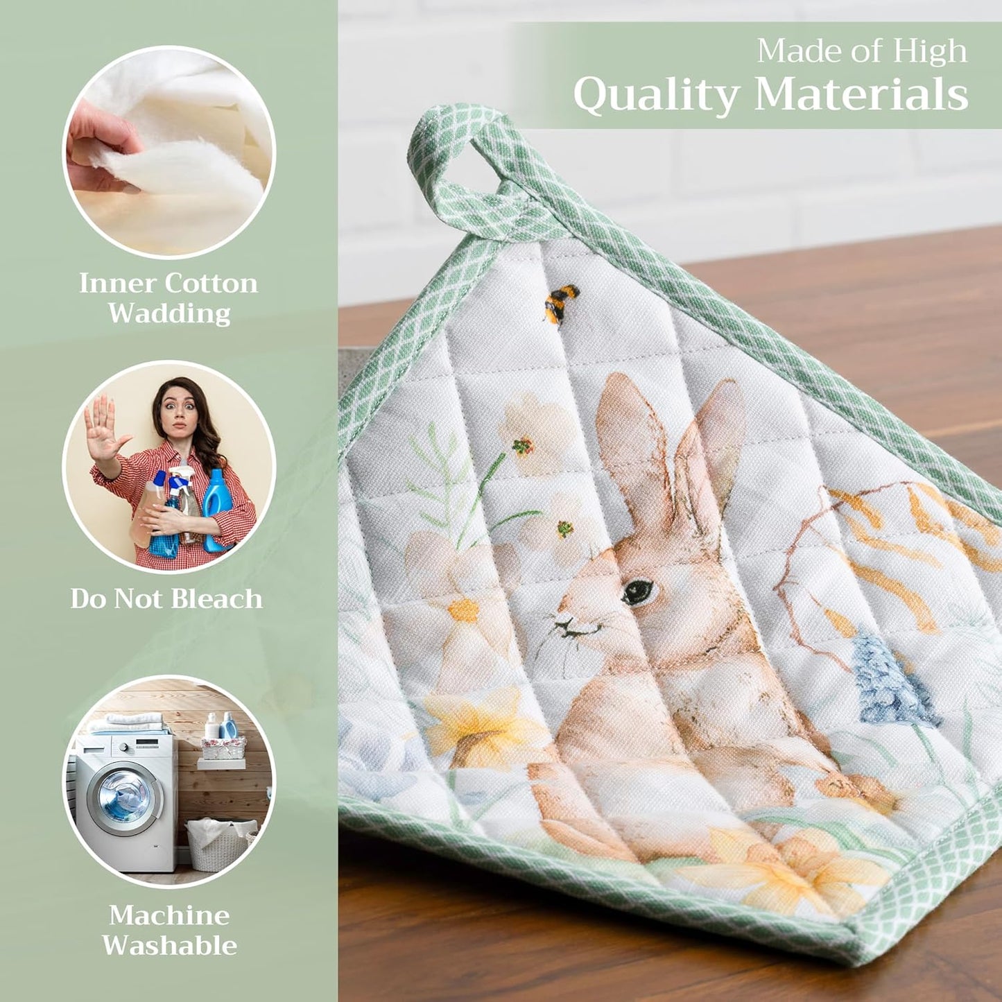 Maison d' Hermine Pot Holders 100% Cotton Heat Resistant Potholders 8" x 8" Hot Pads with Loop BBQ, Cooking, Baking, Grilling, Kitchen, Handling Hot Pans Spring/Summer (Pack of 1, Easter Dew)