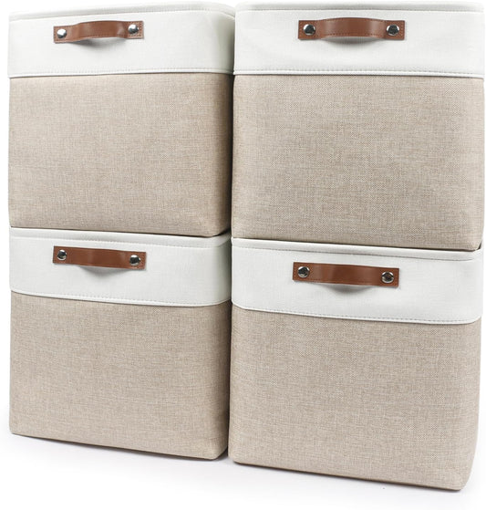 13x13 Cube Storage Bins, Collapsible Fabric Storage Box, 4 Pack Closet Baskets with Handles for Organizing, Shelf, Toys, Clothes, Home, Office, Nursery (Beige&White)