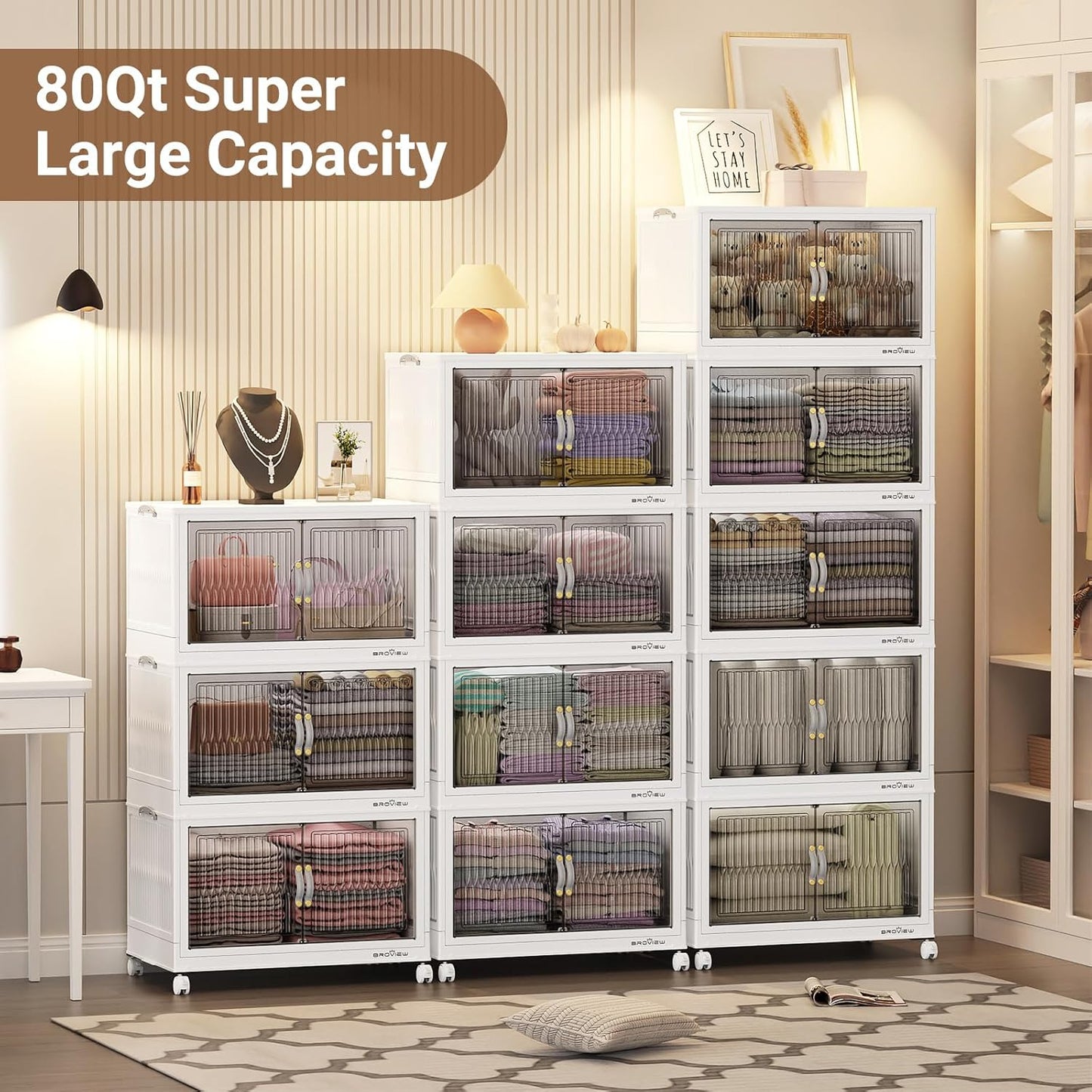 240Qt Stackable Storage Bins with Lid, Extra Large Closet Organizer Collapsible Drawer Boxes with Wheels, Folding Plastic Cabinet Containers for Home Kitchen Room Organization, 3Pack White