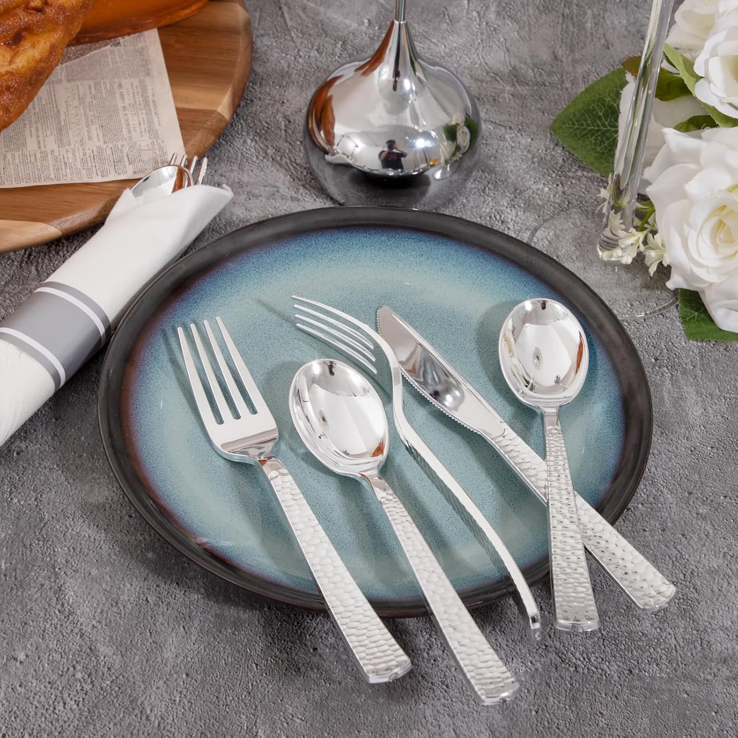 400PCS Pre Rolled Silver Plastic Silverware Sets - Heavy Duty Hammered Silver Cutlery - Include 100 Pack Wrapped Disposable Utensils with Napkins for Parties & Dinners & Weddings