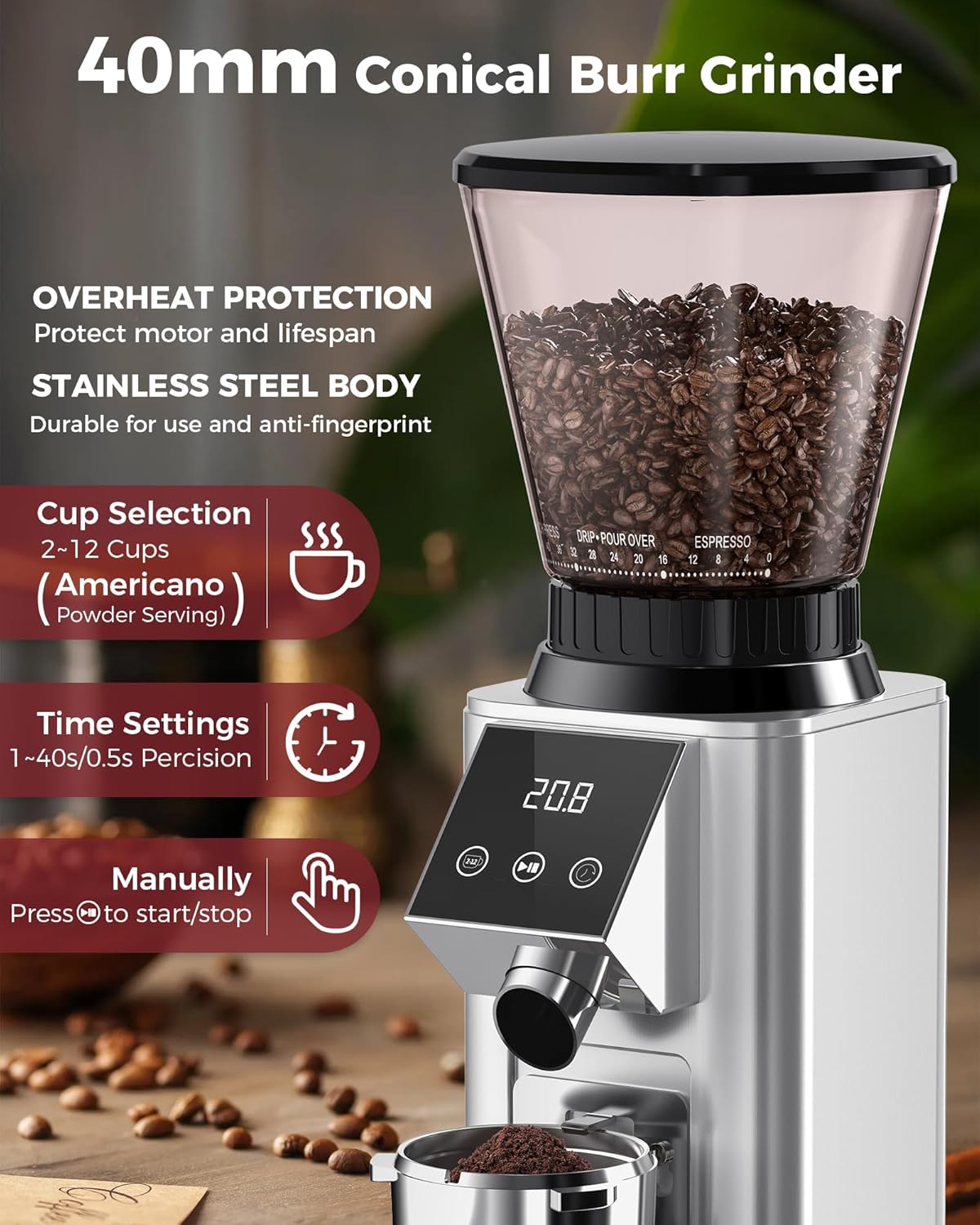 Tuni G1 Conical Burr Coffee Grinder, 48 Grind Settings Anti-static Burr Mill, Precision Electronic Timer and LED Touchscreen for Espresso/Drip/Cold Brew/French Press, Stainless Steel, Silver