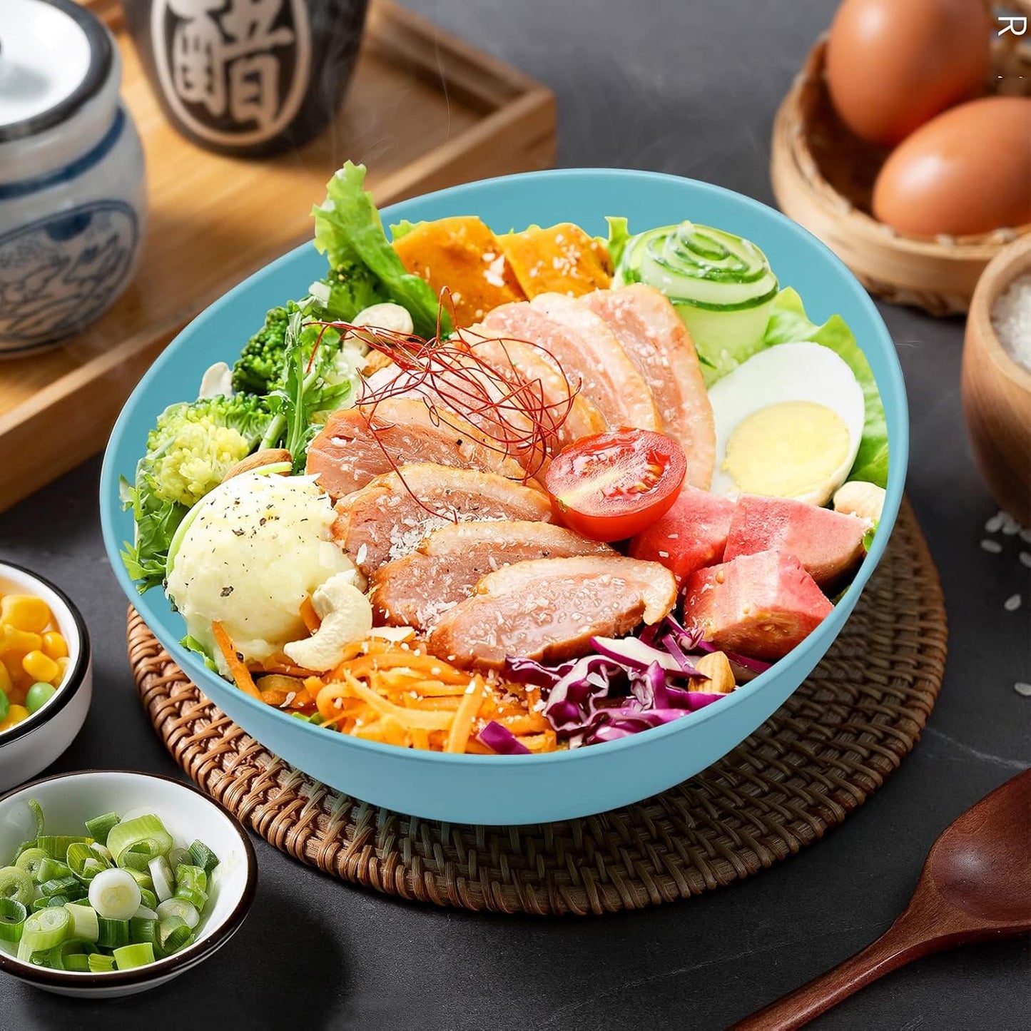 9.6'' Serving Bowls, Bamboo Fiber Salad Bowls Set of 4, 2.6Qt/84 Ounce, Large Bowls for Kitchen,Curvy Shape Big Deep Bowl for Salad,Vegetable,Fruit,Cereal, Lightweight & Easy to Clean(Multi Turquoise)