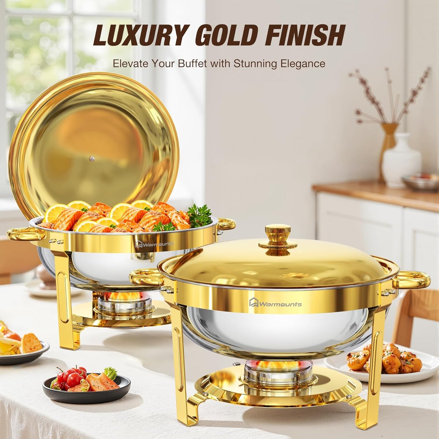 Gold Chafing Dishes for Buffet (5QT, 4 Pack), Round Chafers and Buffet Warmers Sets with Lid Holder, Food-Grade Stainless Steel, Rolled Edge Design, for Catering Events, Parties, Weddings