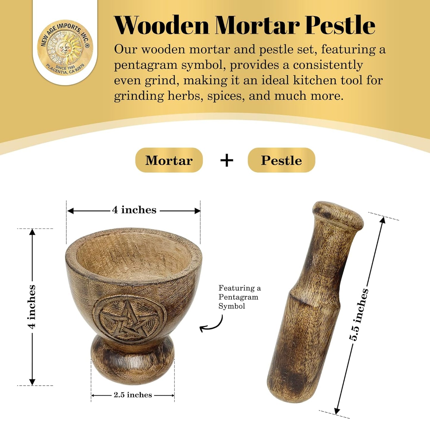 Pentagram Design Wooden Mortar & Pestle Set - Herb Grinder, Pill Crusher, Molcajete 4 inch High by 4" inch wide top, base 2.5" inch Dual Side Pentacle Design Handcarved by New Age Imports, Inc.