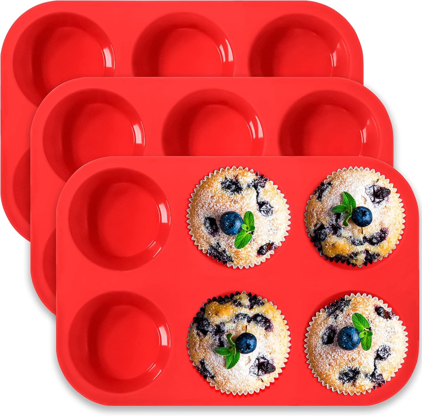 Anaeat Silicone Muffin Pan - 6 Cups Non-Stick Cupcake Molds, Food Grade Silicone Baking Tray for Making Egg Muffin, Cupcake, Quiches, Tart and Desserts, Reusable Muffin Tin Just Pop Out (3 Pack)