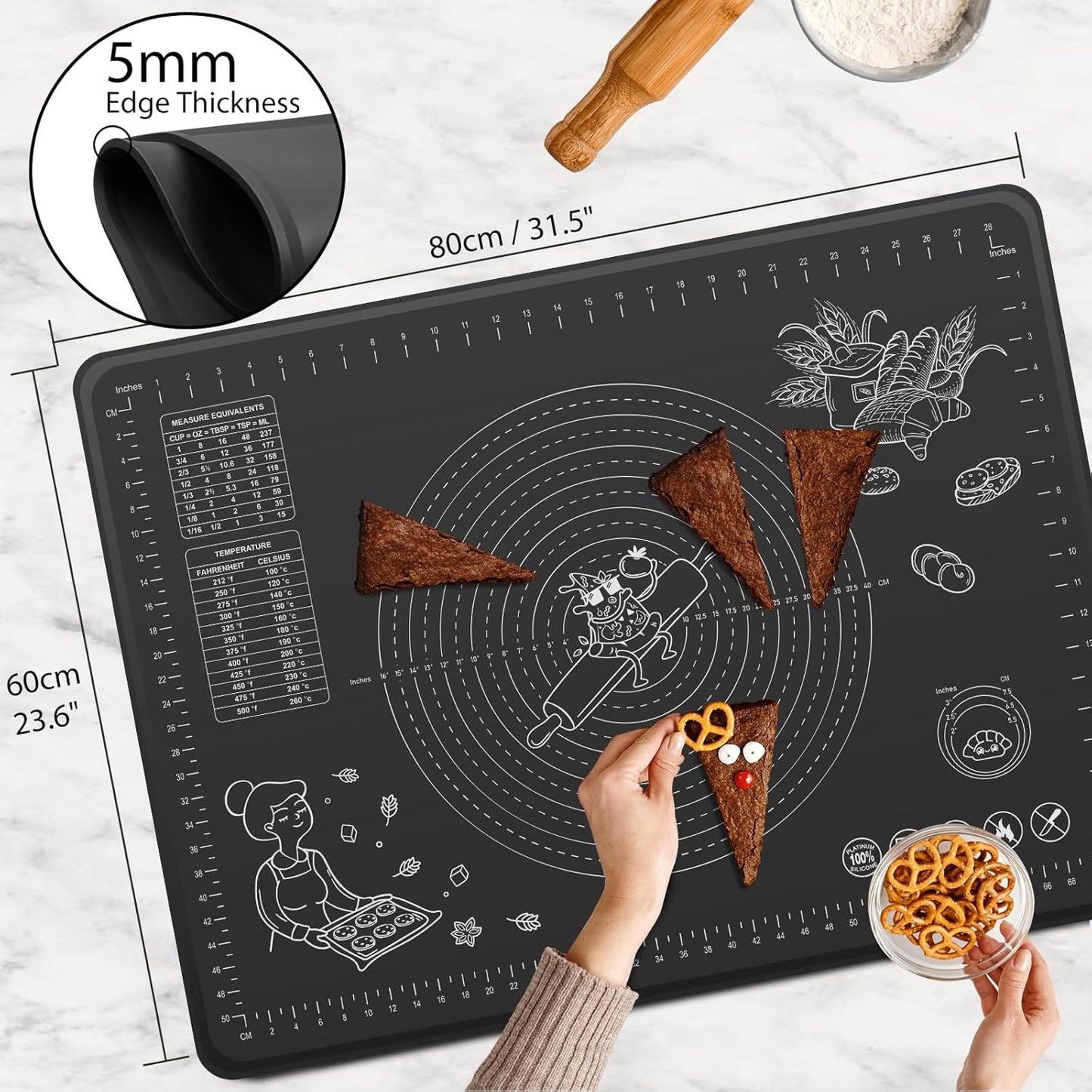 Silicone Baking Mat 32" x 24" Extra Thickness Dough Rolling Mat with Measurements and Edge Heightening, Non-stick Food Grade Silicone Pastry Mat for Pastry, Bread, Cookies, Pizza, Fondant, Pasta-Black